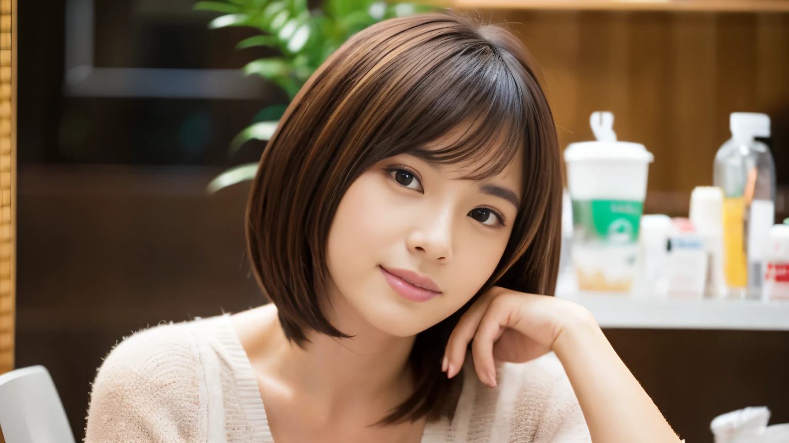 Realistic female beauty salon model, bob style hairstyle japanese、Inside the cafe, Japanese idol