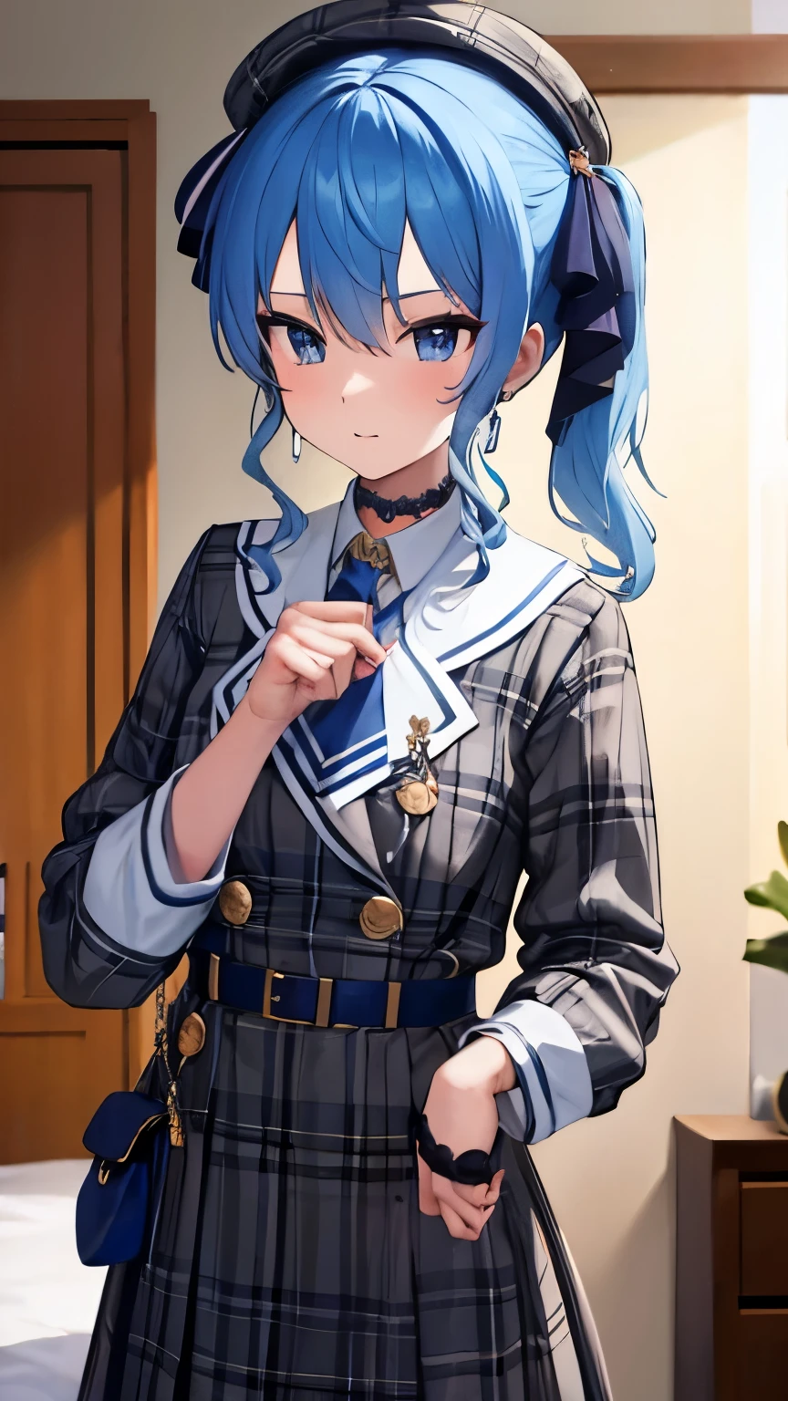8K,highest quality,masterpiece, highest quality, High resolution, side ponytail, hoshimachi suisei,skinny ,idol costume, ((her room)), perfect fingers,