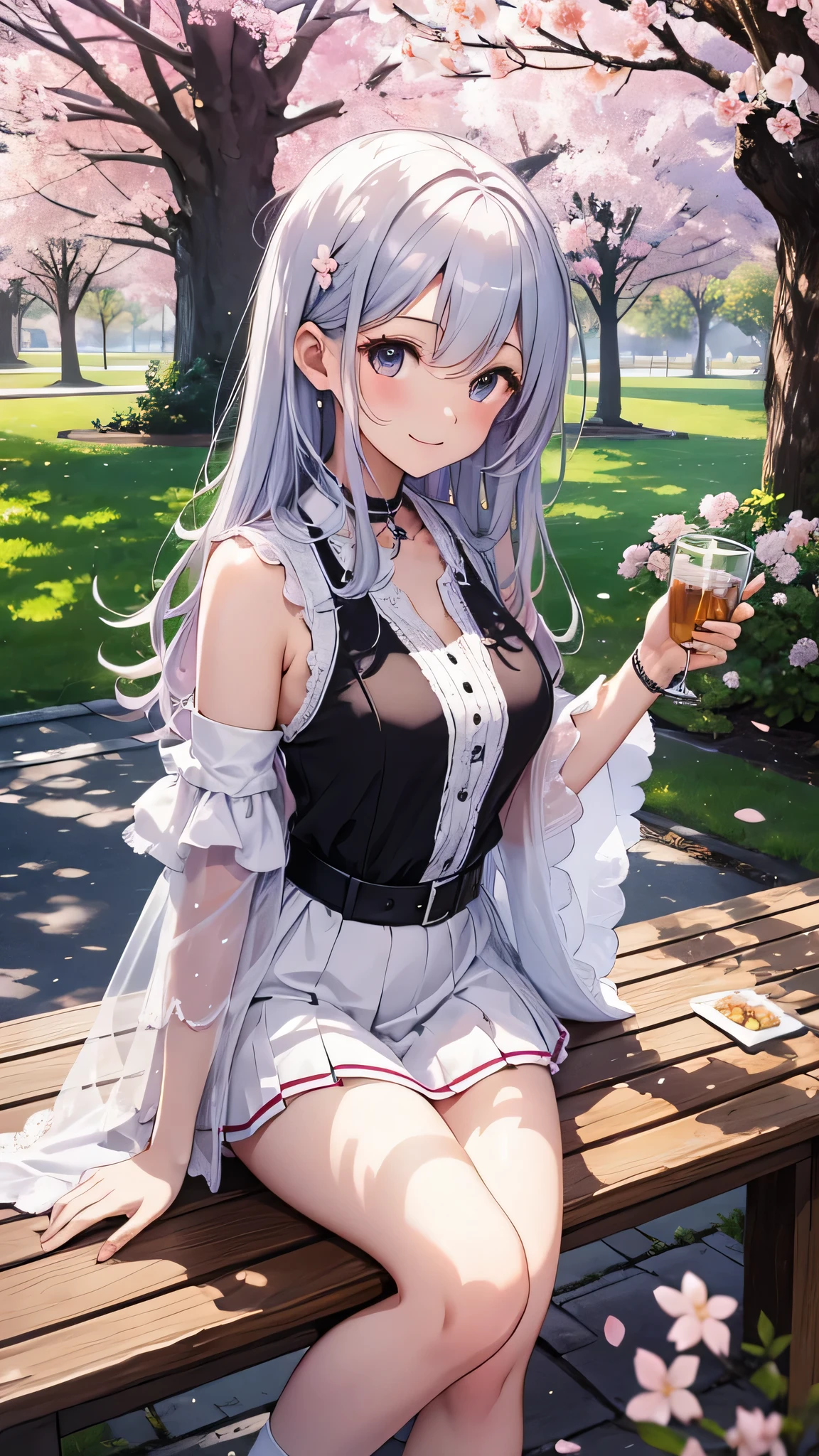 最high quality、best image quality、masterpiece、girl((18-year-old、 By becoming、vest bust、medium bust,wide open breast tea、shining eyes, silver hair、long hair、thin,highest valley、white see-through dress、White short skirt、Wristband、smile、back view、cherry blossom hair ornament)),high quality、beautiful art、background((SakuraFubuki、Falling cherry blossoms、Cherry tree、beautiful park、square、Cherry Meadow、Wind、wood table、wood chair、black tea))、Flight、debris flies、Depth of written boundary、movie、visual art、perfect art、8K,genuine、