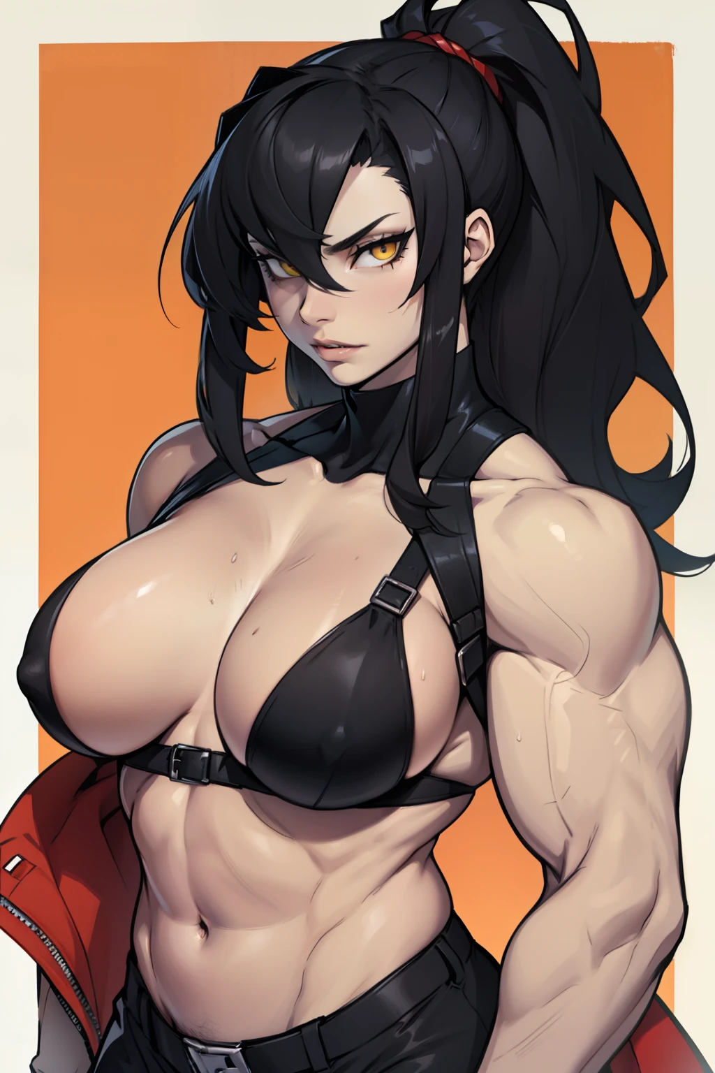 pale skin black hair yellow eyes muscular girl large breasts