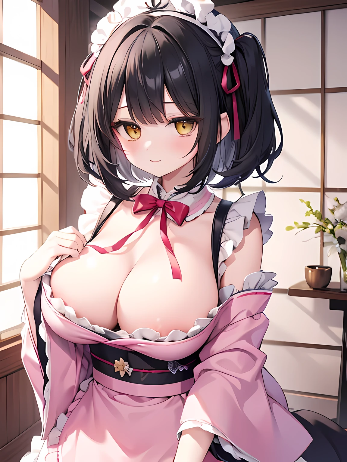 master piece,best quality,(super detail),perfect writing, Highly detailed CG,Super detailed,(highly detailed eyes,very cute face,highly detailed face:1.3),beautiful anime girl,(solo girl),(super huge :1.6),(black hair,short hair,2 side up:1.7),(big yellow eyes:1.5),(low length),jitome,(smile full of joy),open your mouth,break,(Light pink Japanese style maid,Floral kimono,ruffle apron),maid headdress,bell sleeve,off shoulder,Japanese modern cafe,tatami room,Shoji,Are standing,(cowboy shot)