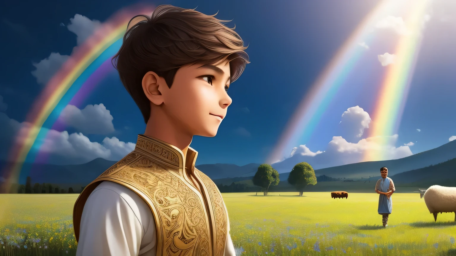 1 boy, hapiness，Beautiful and delicate brown shiny short hair, indian clothing, The background is on a meadow with sheep, blue sky, rainbow, cloud, magic, emit diffuse light, cool breeze, detail, masterpiece, high quality