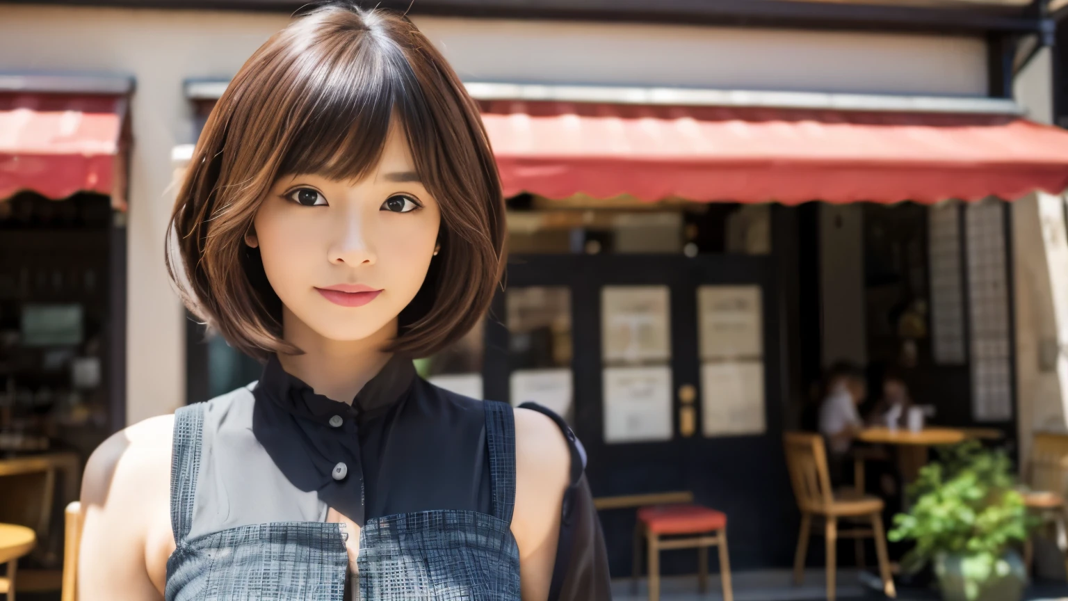 Realistic female beauty salon model, bob style hairstyle japanese、Inside the cafe, Japanese idol