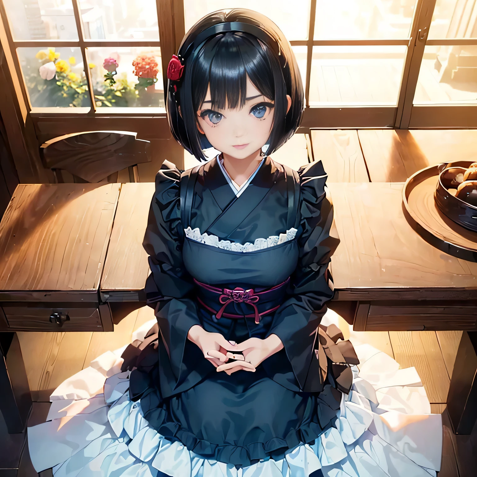 ((1girl,cute,japanese,young,short beautiful black hair,bob cut,beautiful blue eyes)),(solo),(gothic ta),((masterpiece, highest resolution,best quality)), (beautiful illustration), (looking at the viewer), innocent smile,beautiful modern maid cafe,big city,table,chair,window,flowers,