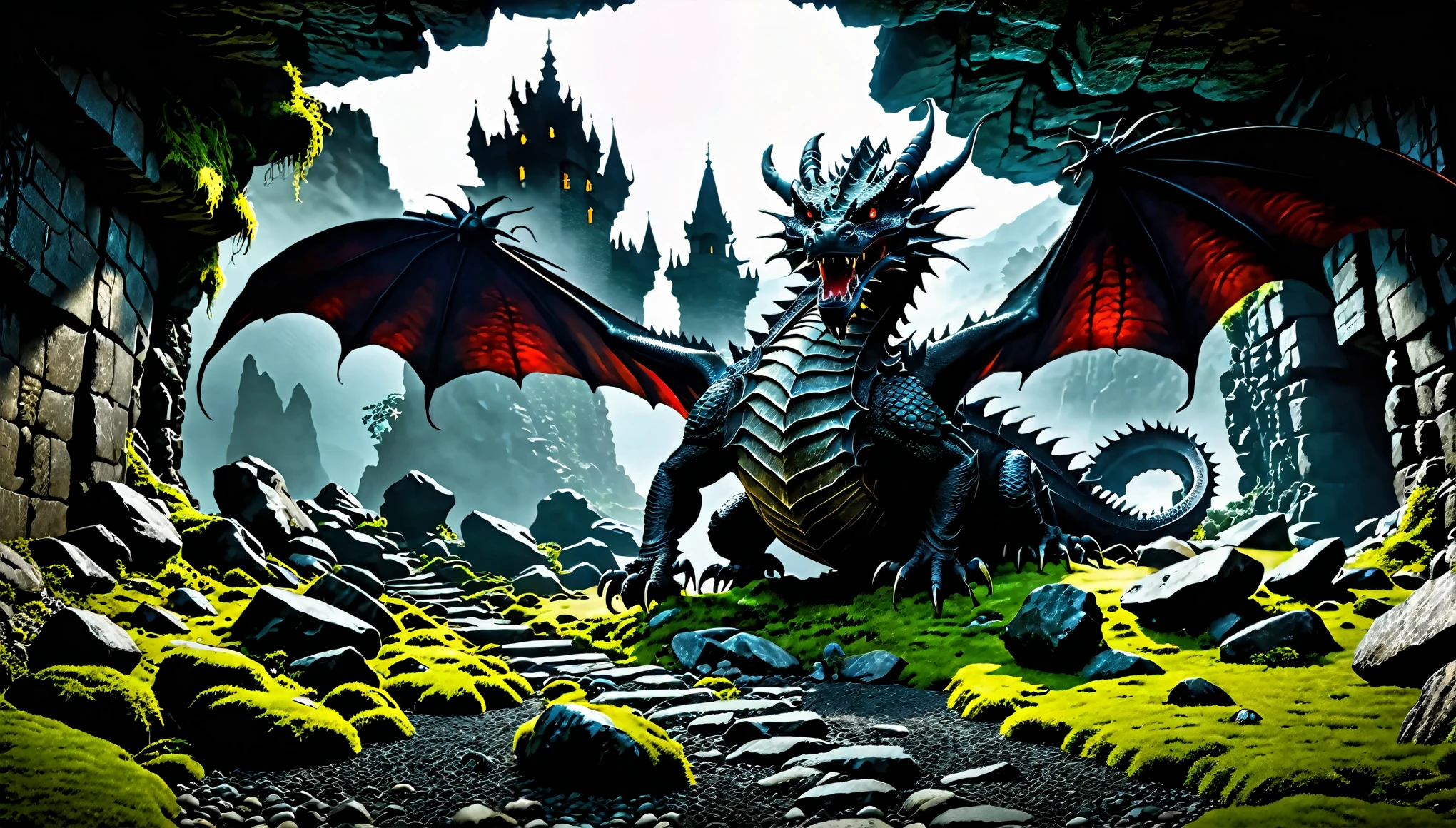 wide angle:1.5,((Dragon)) in deep underground, in Dungeons made of stones ,Dragon, dark, highly detailed Dungeons background, horror, moss, epic, cataclysmic, gargantuan, absurdres, best quality, realistic style, white light penetrating through stone building add depth of fields,
