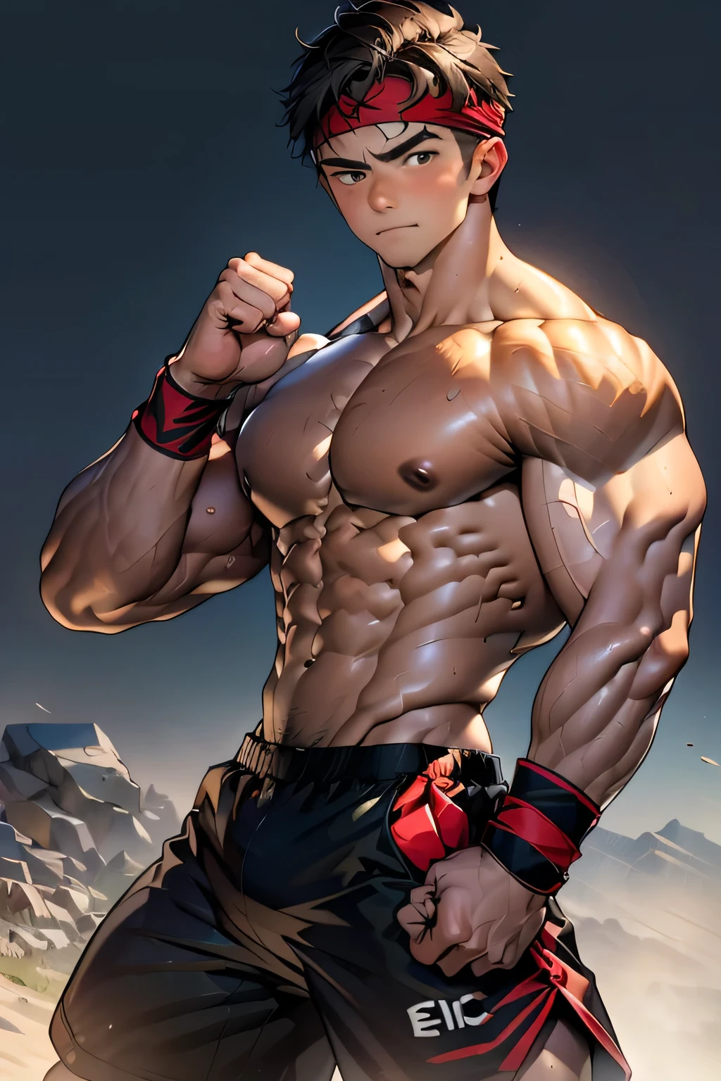 (Masterpiece, Best quality 19 year old boy, simple background, cowboy shot), solo, Young, boy, full bodyesbian, muscler, Shirtless, topless, (Dark Short straight hair, under cut, brown eyes), (red headband, ((black wristband))), Vivid colors, (hot Abs, abs!, big abs, big breast, chest!, muscler upper arms), (topless male), closed mouth, serious, muscler!, muscler body, Man with martial arts stance, (((epic victory pose)))