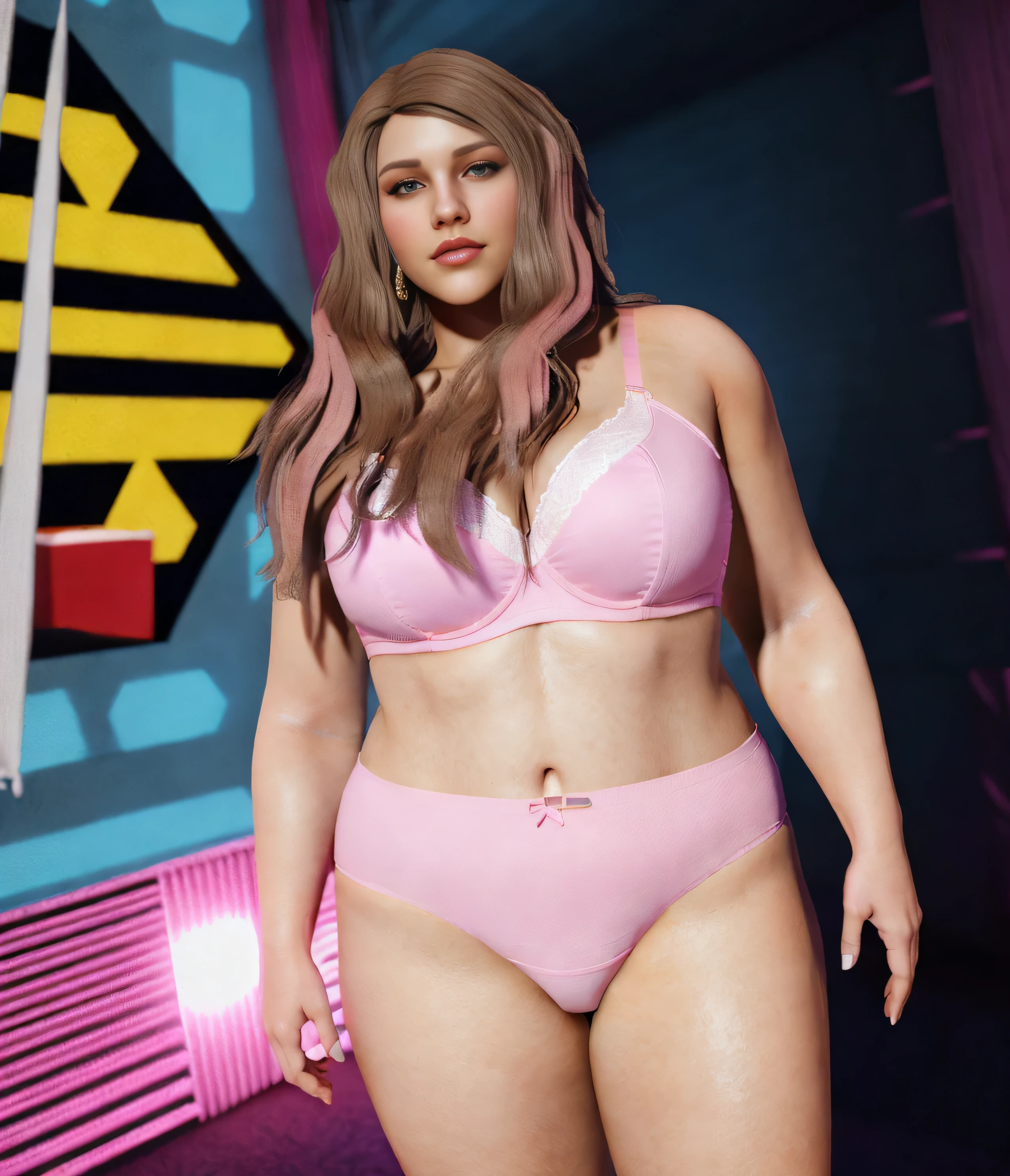 ((masterpiece, best quality)), ((33 year old)), (((Curvy))), ((BBW)), ((Piper Niven)), ((Caucasian woman with long brown hair)), in ((pink high cut cotton panties)), Pink bra, ((Large hips)), standing in front of a colorful stage display, (((realistic 3D game model)))