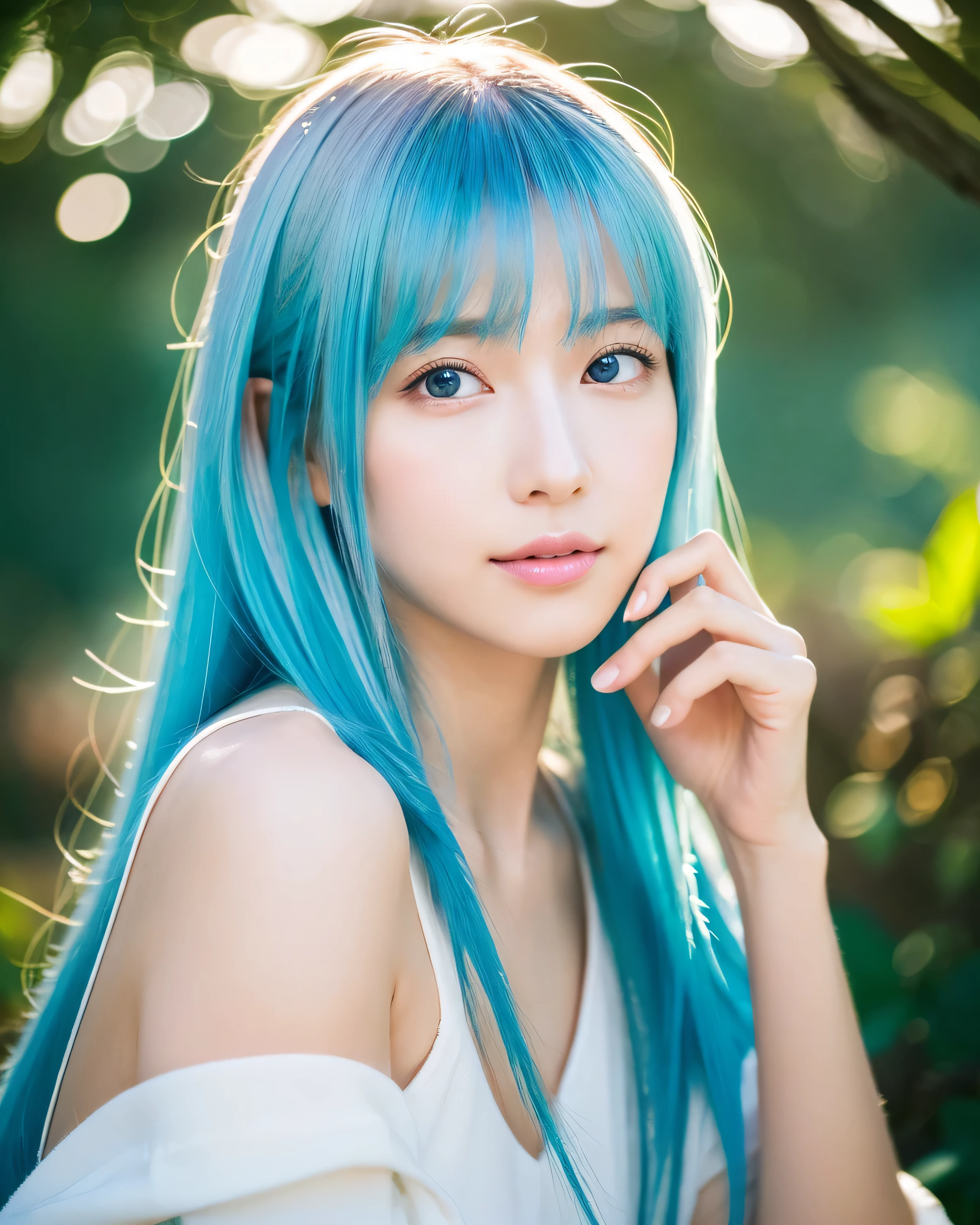 (highest quality, 32k, High resolution, masterpiece:1.5), abstract style, ((In a swirl of fantastic pastel colors and soft light)), A sense of soothing tranquility and elusive beauty, Award-winning masterpiece with amazing details, beautiful japanese woman, very beautiful face, (Full shot low angle), perfect human anatomy, ((accurate hands, Thumb and4real finger)), big magical eyes, gentle smile, ((shiny light blue hair)), ((Beautifully styled super long hair)), Beautiful asymmetrical bangs, hair between eyes, white, clear and soft skin, thin eyebrows, clear double eyelids, pale pink lips, ((see-through transparent camisole)), High resolutionの完璧な鎖骨, High resolutionの美しい胸元, Slender body with plump breasts, High resolutionの美しい太もも, soft sunlight, professional lighting, professional photographer, Professional models,mysterious