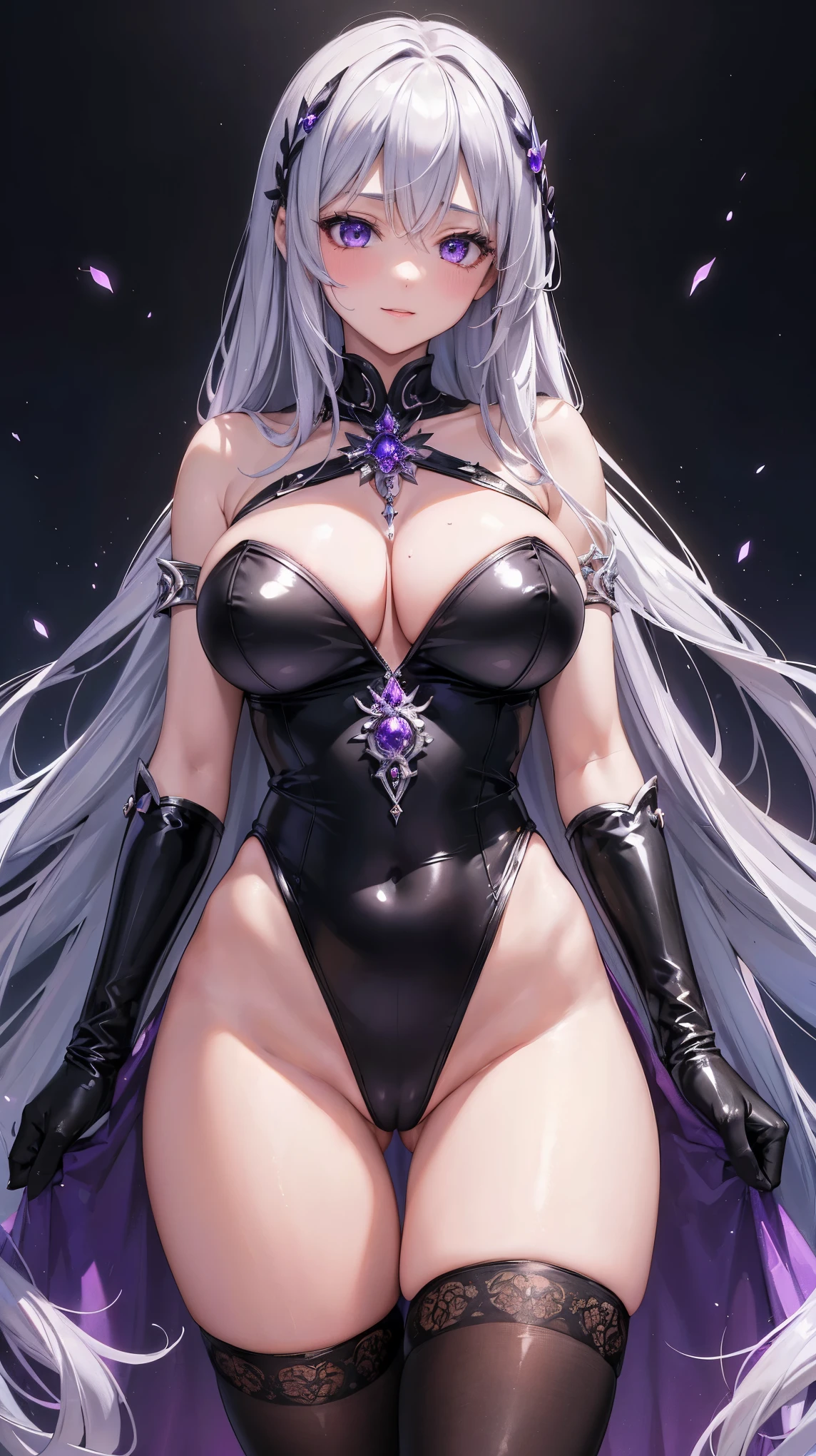 ((masterpiece)), ((best quality)), (ultra-detailed), ((extremely detailed)), 4K, (8K), best quality, (beautiful),One girl, mature woman, goddess, supreme skin, lustrous silver hair, beautiful purple eyes, huge breasts, thick thighs, black satin gloves, black knee highs, black goddess outfit, black leotard, leotard that bites, high leg, panties, magical girl, mysterious, sacred, chaotic, fallen, dark, abyss, dark goddess temple, Gorgeous ornaments, enchanting goddesses, enchanting smiles, cowboy shots, Artistic goddess body, body showing, attractive body, legs lightly open, focus on crotch, low angle