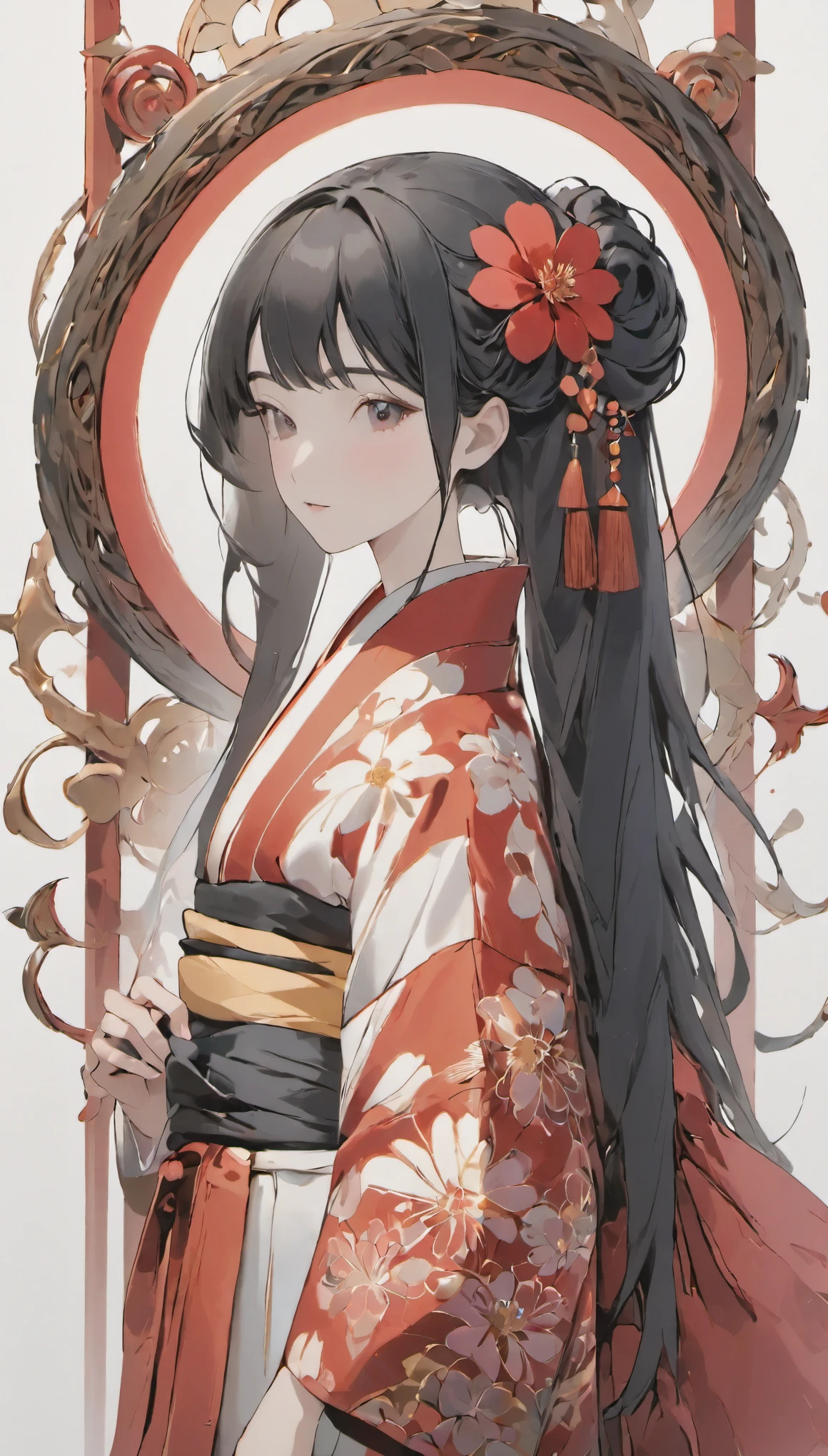 (((white background、White world)))、14 years、unity 8k wallpaper、Super detailed、beautiful beautiful、masterpiece、highest quality、(tangleた、mandala、tangle、tangle)、(fractal art:1.3)、one girl、beautiful black hair、Japanese、big pink、red kimono、Japanese clothing、very detailed、dynamic angle、cowboy shot、The most beautiful things form chaos、elegant、brutal design、bright colors、romance、atmosphere、ecstasy note、Streaming music notes will be displayed、(((white background、pure white background、Red circle)))
