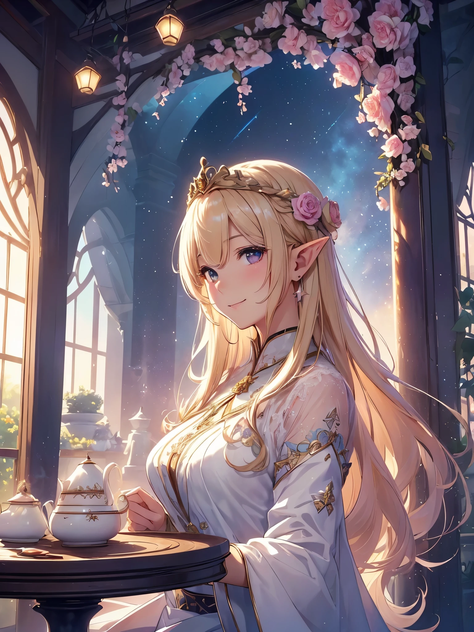highest quality、Highest image quality、masterpiece、beautiful profile、、Titania、Super beautiful elf beauty((22 years old OL big bust、bust 90,beautiful long ironed hair、blonde、Height: 165cm。slender、sexy、Esbian、beautiful tiara、night、High quality、美しいart、美しいflower瓶、tea、byzantineart、beautiful decorated book、canopy、Canopy、background((starry ski)))muste piece、ビジュアルart、Depth of the bounds written、、elf ears、、Lightのmagic、universe、A happy smile、穏やかなLight、Elven Forest、cherry blossoms、、elegant、ticker beautiful decorative、marble columnystical　rosa、Rose、flower瓶magicのflower、flowerを作るmagic、Light、　the sky、beautiful dressy、beautiful dress、table、giant galaxy、myth、ART、Lord of the Ring、sexy、friendly smile、Fantastic、cherry blossoms、舞い散るflowerびら、cherry blossomsのflower、universeのmagic、magicのLight、fantasy、flower、super REALITYたくさんのRose、magic、universeを飛ぶ、、Grow fantasy、、mysteryのLight、byzantine、Art nouveau、alphonse　Mucha、、art、art,mystery,UHD,magicalgentle light,sexy、
