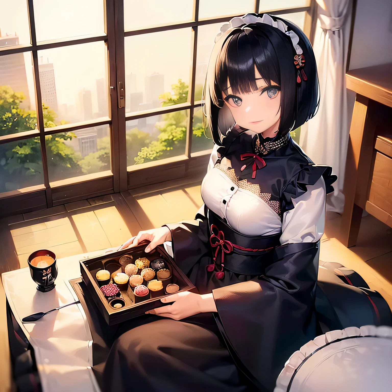 ((1girl,cute,japanese,young,short beautiful black hair,bob cut,beautiful blue eyes)),(solo),(gothic ta),((masterpiece, highest resolution,best quality)), (beautiful illustration), (looking at the viewer), innocent smile,beautiful modern maid cafe,big city,table,chair,window,flowers,