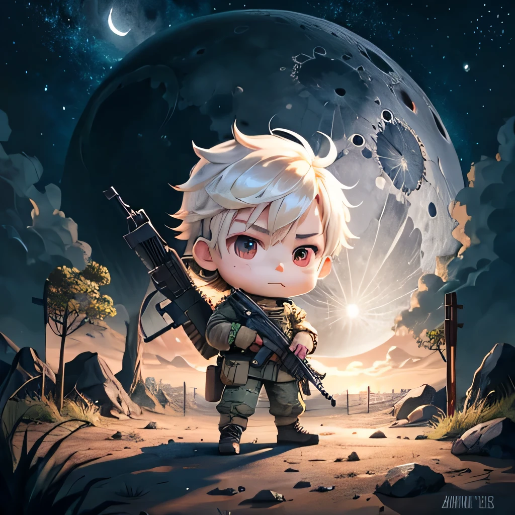 cute chibi boy anime, skin-colored skin, combat uniform, wear sandals, With a rifle, moon
