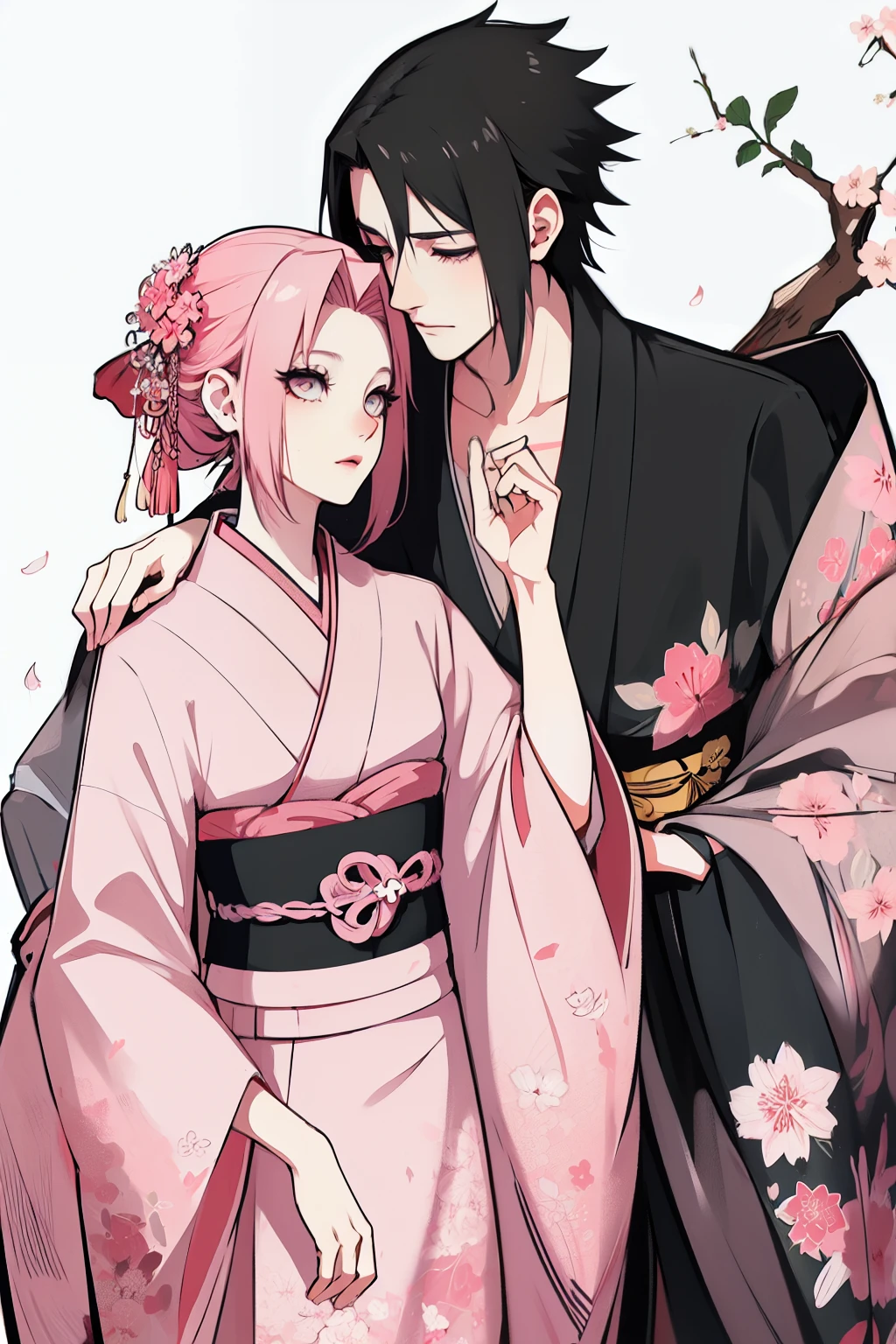 Sasusaku. Sasuke, the tall, handsome man with chiseled features, piercing black eyes, and black hair. He's wearing a kimono, he's a prince. The woman is sakura, equally stunning with soft features and delicate features, her hair is short and pink that falls elegantly around her face, adding to her romantic and dreamy appearance. She is wearing a kimono. The couple is in a ceremony at a temple. hands down.