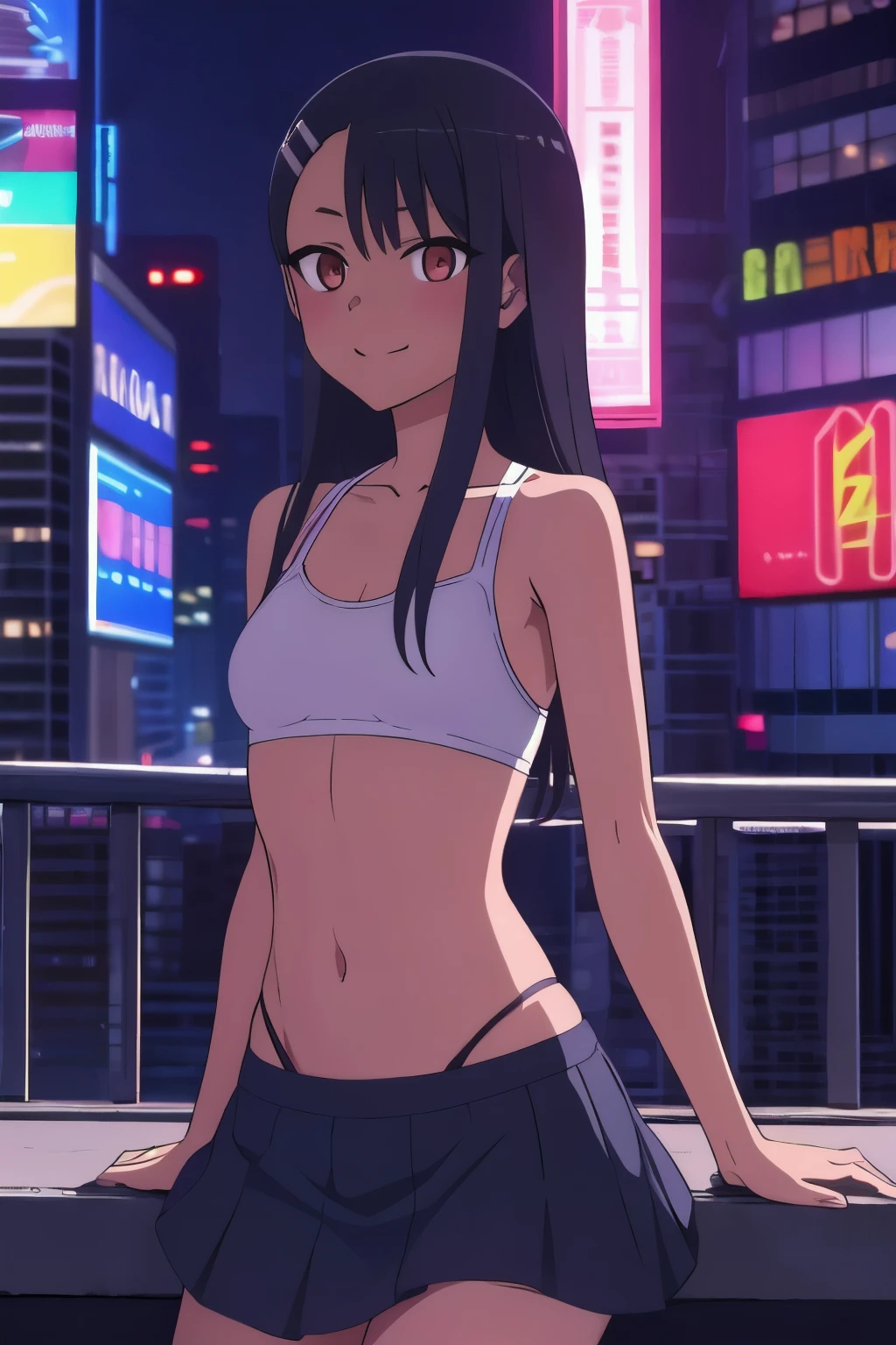 1girl, solo,sitting, cyberpunk cityscape,night city \(city\), stealth in the city,small breast, masterpiece, professional artwork, famous artwork, perfect face,perfect eyes,nagatoro hayase, hair ornament, brown eyes,(glowing eyes:1.1), hairclip,dark skin, black hair,, cowboy shot, black hair, beautiful face, evil smile, evil eyes, ((perfect female body, narrow waist)), background city,  skirt