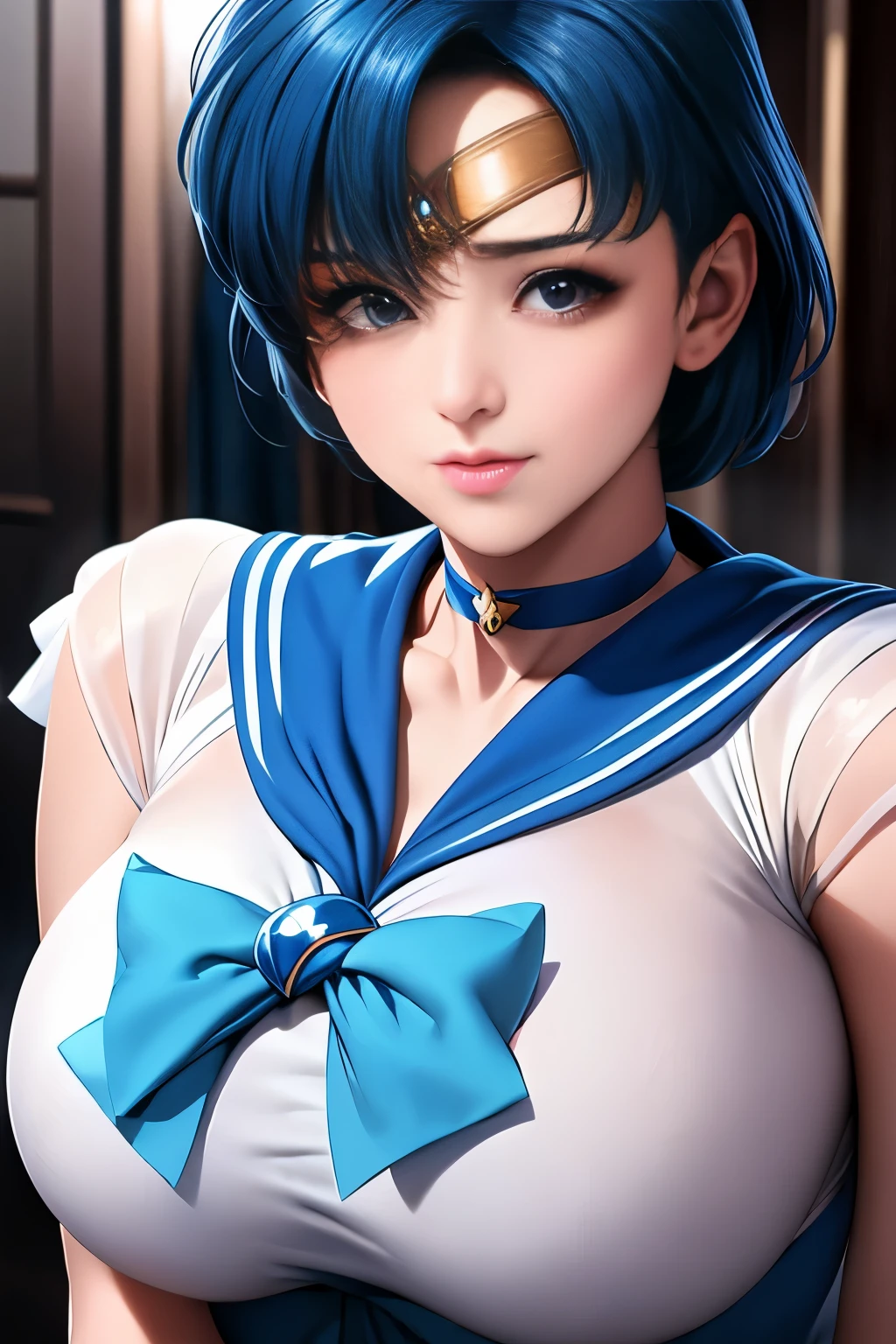 Beauty、very cute face、Outstanding proportions、Highest image quality、masterpiece、8K、soft expression、upper body only、(sailor mercury、Details down to the last detail、delicate in every detail)