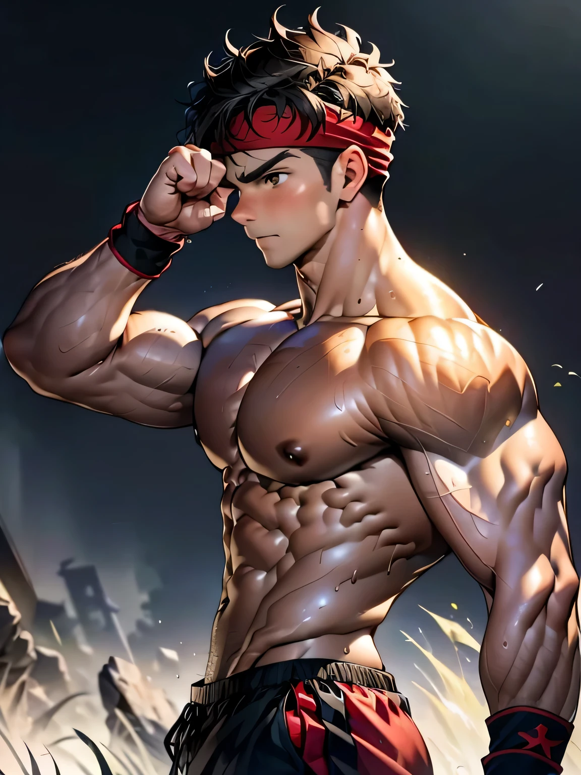 (Masterpiece, Best quality 19 year old boy, simple background, cowboy shot, shoot from side), solo, Young, boy, full bodyesbian, muscler, Shirtless, topless, (Dark Short straight hair, under cut, brown eyes), (red headband, ((black wristband))), Vivid colors, (hot Abs, abs!, big abs, big breast, chest!, muscler upper arms), (topless male), closed mouth, serious, muscler!, muscler body, Man with martial arts stance, (((epic victory fighting pose)))