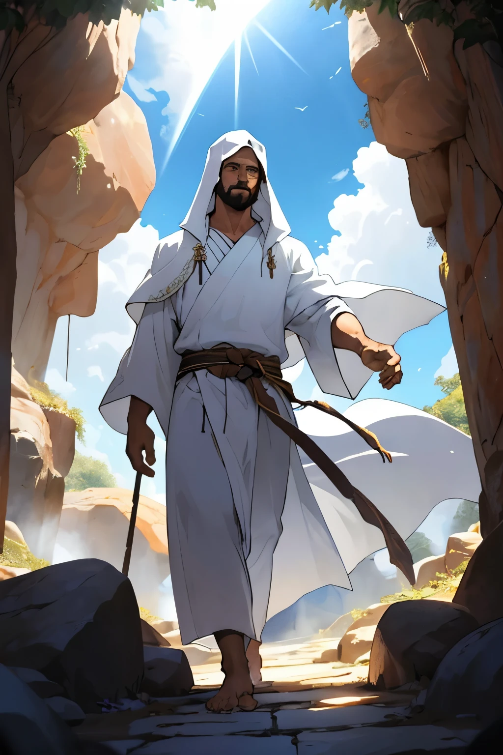 Desenhe Jesus Cristo, sentado acima de caverna com uma pedra a frente, no meio de uma luz radiante. He is dressed in a shining white robe, your hands are.com.furos no meia de cada feito por pregos. Sunny lighting of clouds and blue sky,sol ilumina a cena, casting deep shadows on the costume. a woman is.feet on the floor, She wears typical Israeli clothes.