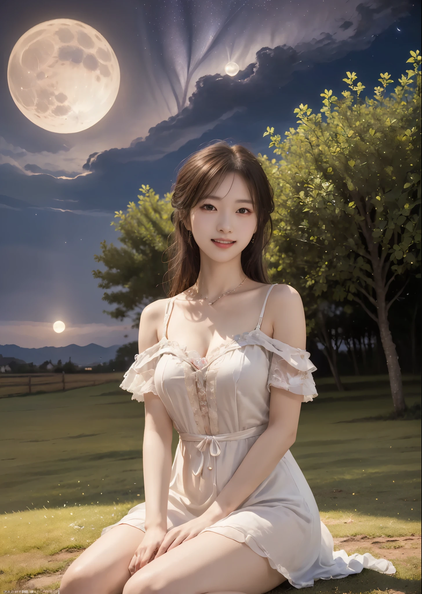A woman in a heart-shaped hole in an ivy leaf wrapped around a thick tree、Cute 16 years old、smile、Slim body、Long hair with bangs、A small light shines in the hole.、in the forest、Yellow Moon Night、The moon is half hidden by clouds、Sharp images、High color reproducibility、Attention to detail、live-action、Alluring、