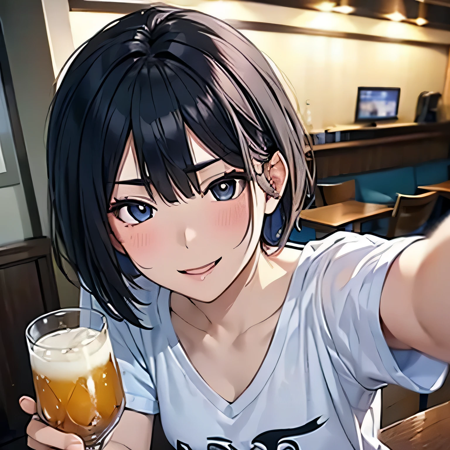 masterpiece, high quality, High definition、CG unity 8K, (small eyes), (droopy eyes), housewife, mature woman: 1.2, grinning eyes, Fine hair texture, black hair, (very short hair), bangs, (White V Neck T-Shirt),BREAK、(night)、（A scene of a woman drinking alcohol with a man at a Japanese pub, she is drunk and opening her mouth wide：1.3）、（troubled eyebrows:1.2）、（nose blush）,selfie:1.2、From above