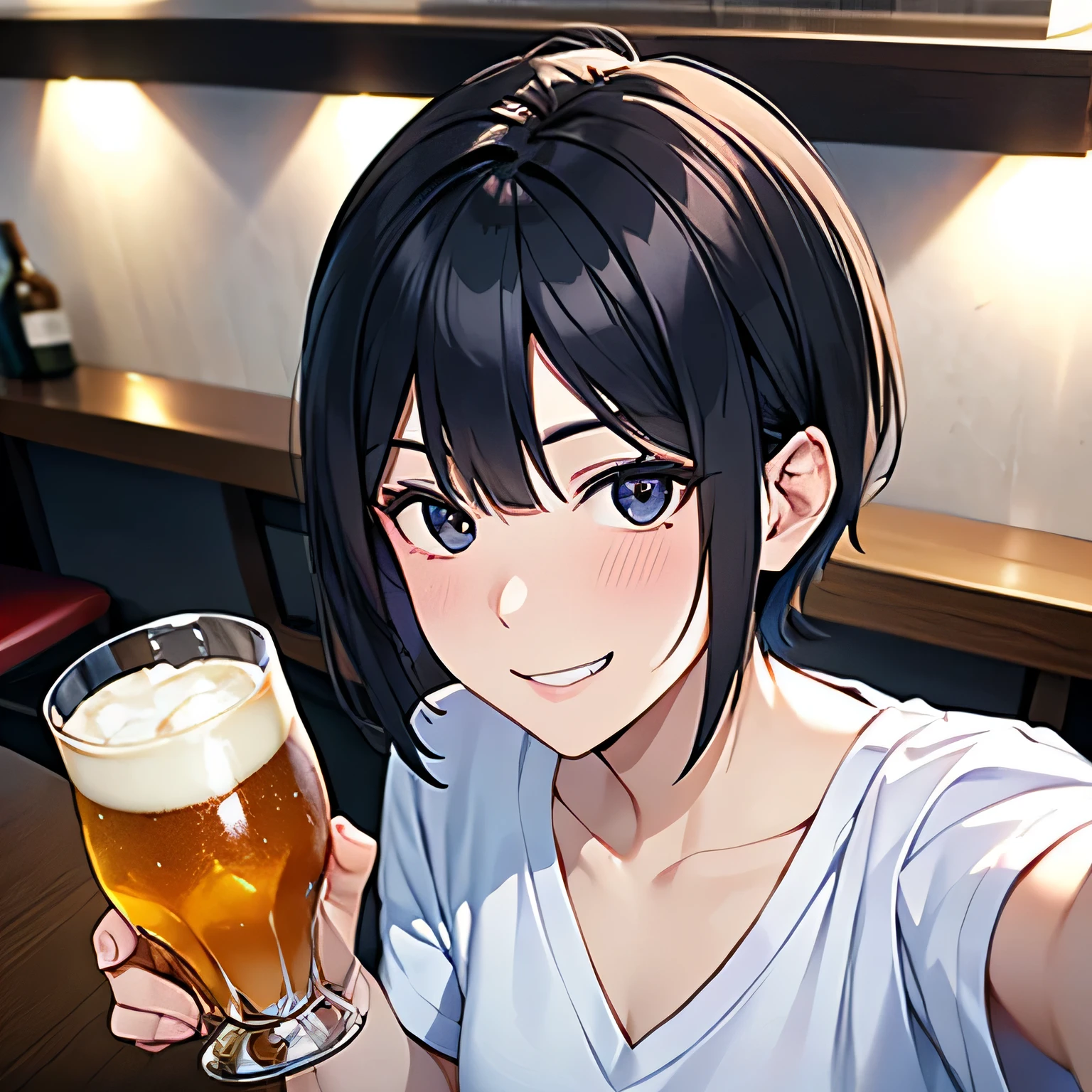 masterpiece, high quality, High definition、CG unity 8K, (small eyes), (droopy eyes), housewife, mature woman: 1.2, grinning eyes, Fine hair texture, black hair, (very short hair), bangs, (White V Neck T-Shirt),BREAK、(night)、（A woman drinking alcohol with a man at a pub：1.3）、（grin:1.4）、（nose blush）,selfie:1.2、From above