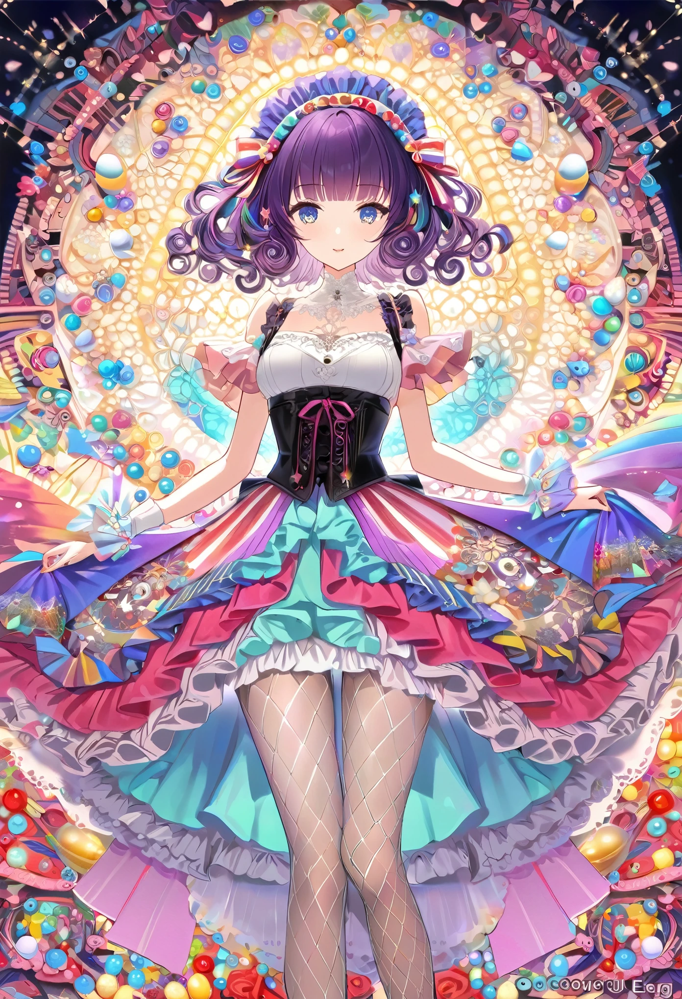 Masterpiece, Finest, Finest, Official Art, Beauty: 1.2), (One Girl), Highly Detailed, (Fractal Art: 1.3), ((Ister Egg Colorful: 1.7)), Highest Detailed, Purple Hair, curly perm, short cut, big eyes, Japanese woman, (ruffled frilly cuffs, chiffon lace ribbon suspenders, (stripe design pastel color dress), big ribbon headband, narrow ribbon corset, white fishnet tights, colorful stars) type beads accessories)