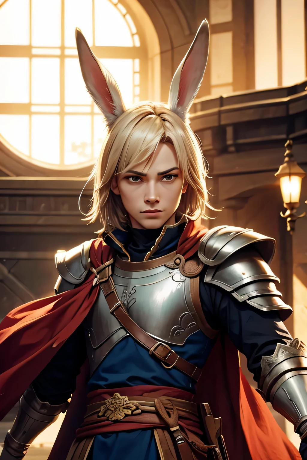 Bunny ears, muscular swordsman, armor, dragon,  flaming sword