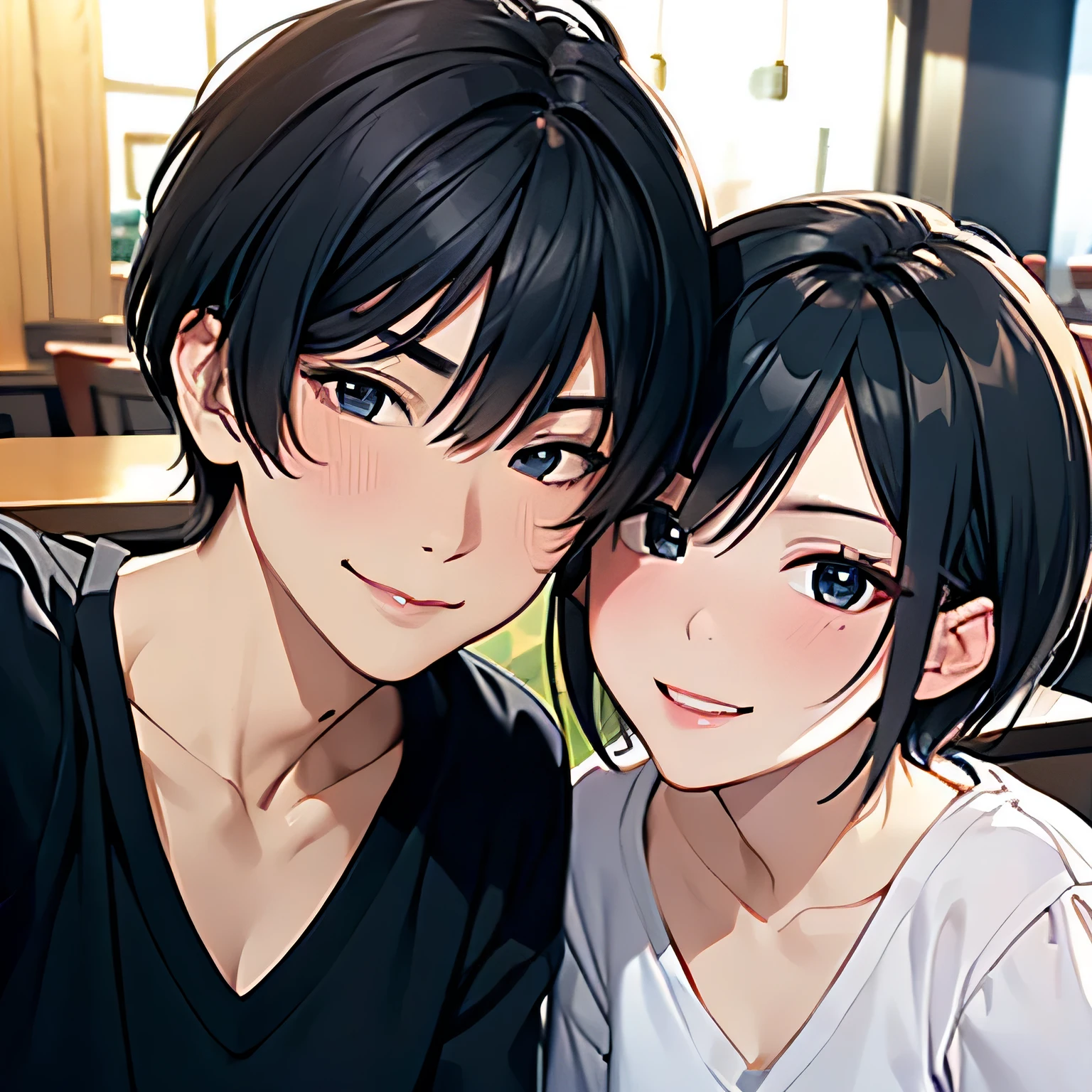 masterpiece, high quality, High definition、CG unity 8K, (small eyes), (droopy eyes), housewife, mature woman: 1.2, grinning eyes, Fine hair texture, black hair, (very short hair), bangs, (White V Neck T-Shirt),(A face expressing skepticism with a smirk:1.5),BREAK、(night)、、(A woman drinking alcohol with a man at a pub:1.3)、(nose blush),selfie