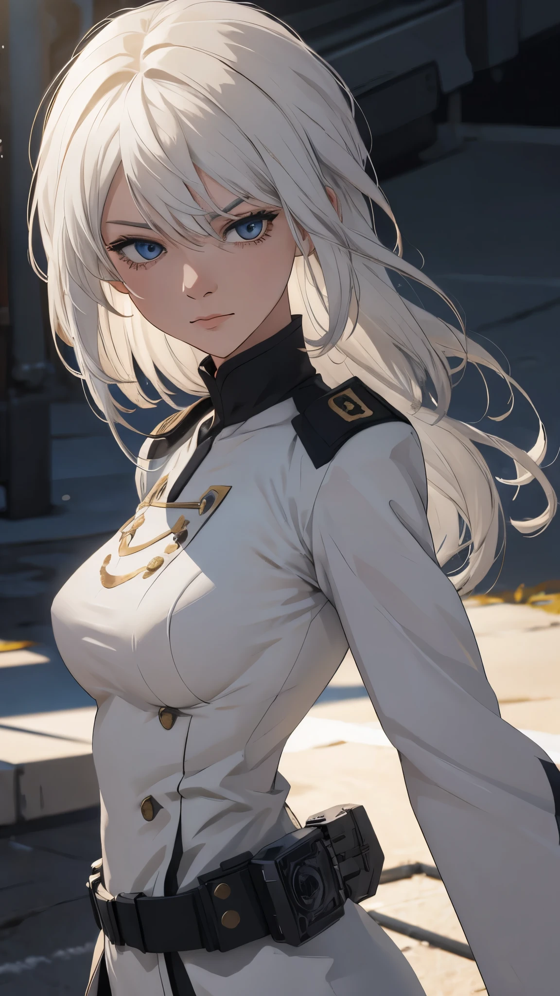 (extremely detailed CG unity 8k wallpaper), (masterpiece), (best quality), (ultra-detailed), (best illustration), (best shadow), (absurdres) ,(detailed eyes), 2b, 1girl, long hair, white hair, solo, Intimidating women, admiral uniform, night, hero pose, white clothes, General Uniform, Military Uniform, Sunlight, exposed to sunlight,commander, fighting pose, wearing cape