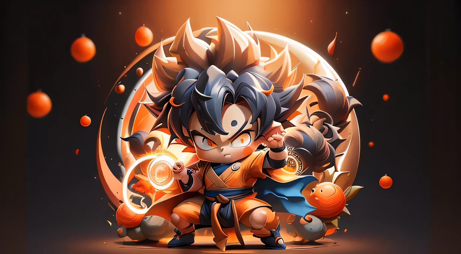 Son Goku, black hair super saiyan, blonde, Chibi, blue eyes, Viewer's perspective, card background, milky way, Wear an orange martial arts costume