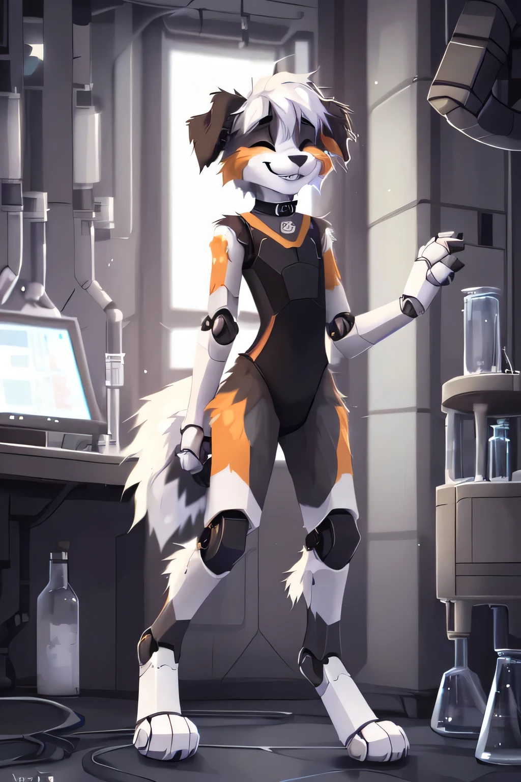 Laboratory, ((by reysi)), Furry, solo, ((Australian Shepard)), detailed dark fur, ((****)), ((male)), ((full body)), ((robot digitigrade legs, robot lower half)), ((slender, skinny)), white hair, (happy, smile, eyes closed, black mascara, ear ring, tight choker),