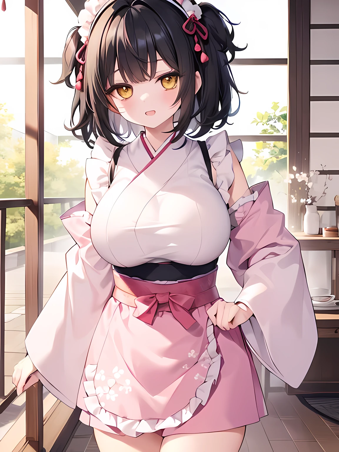 master piece,best quality,(super detail),perfect writing, Highly detailed CG,Super detailed,(highly detailed eyes,very cute face,highly detailed face:1.3),beautiful anime girl,(solo girl),(super huge breasts:1.5),(black hair,short hair,2 side up:1.7),(big yellow eyes:1.5),(low length),jitome,(smile full of joy),open your mouth,break,(Light pink Japanese style maid,Floral kimono,ruffle apron),maid headdress,bell sleeve,off shoulder,Japanese modern cafe,tatami room,Shoji,Are standing,dynamic pose,dynamic angle,(cowboy shot)