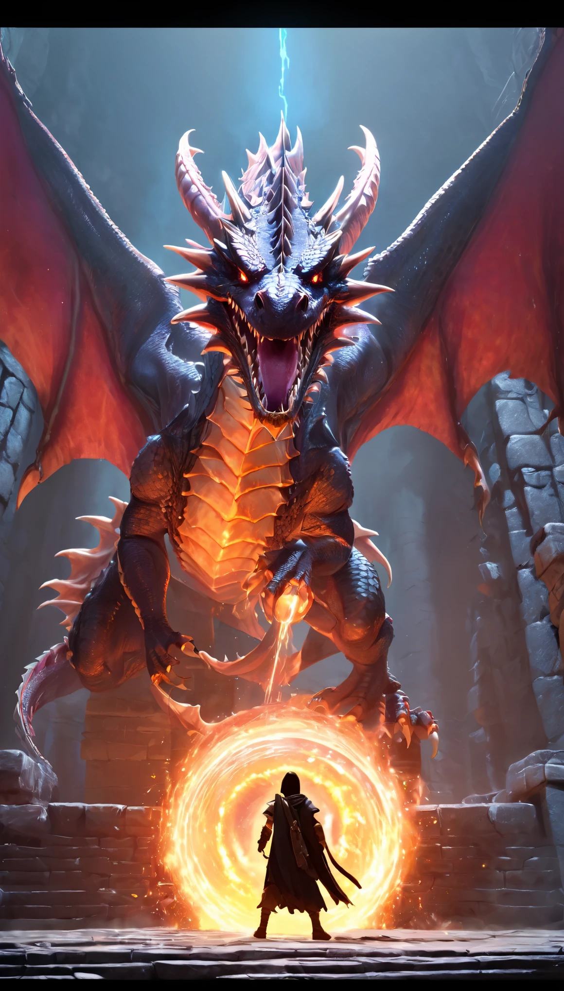 Cinematic scene, hero view, hyperdetailed picture of dragon summing a giant portal inside a dungeon, action pose, detailed background, masterpiece, best quality, high quality, highres, absurdres, vivid, Dungeons and Dragons 