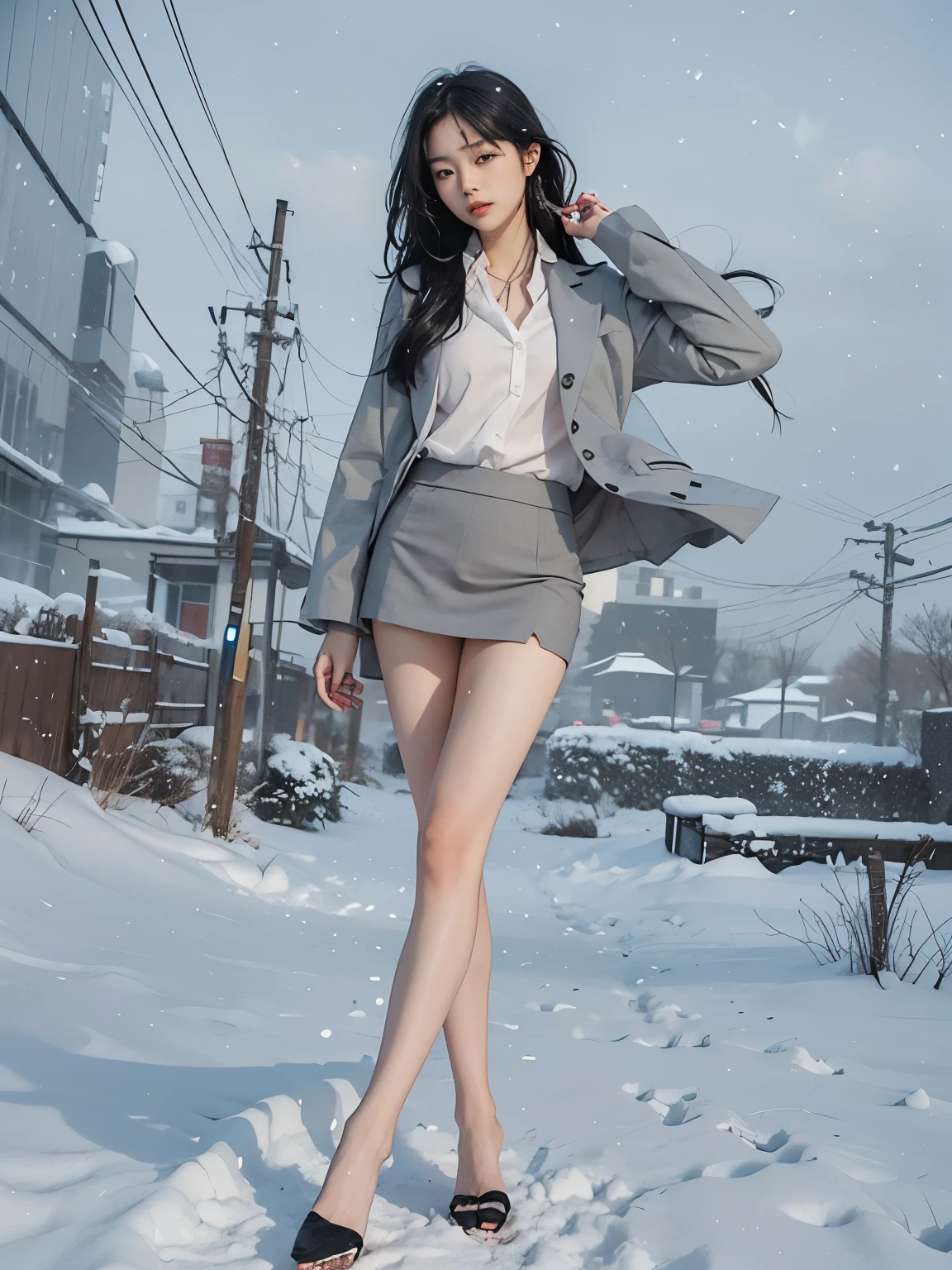 japanese woman、beautiful face、double eyelid、long black hair、gray suit、micro mini skirt、beautiful feet、barefoot、expensive、long legs、black stiletto heelodel pose、heavy snow、blizzard、snowfall、strong wind、My hair gets messed up by the wind