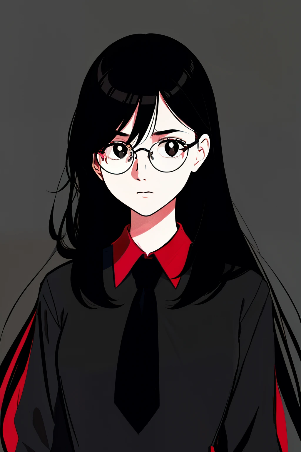 a 1girl, body complet, very detail, a lot of details, very extremely beautiful,  ((masterpiece, minimalism)), (long black Hair), black necktie, (red shirt), Dark colors, looks into space, ((glasses))