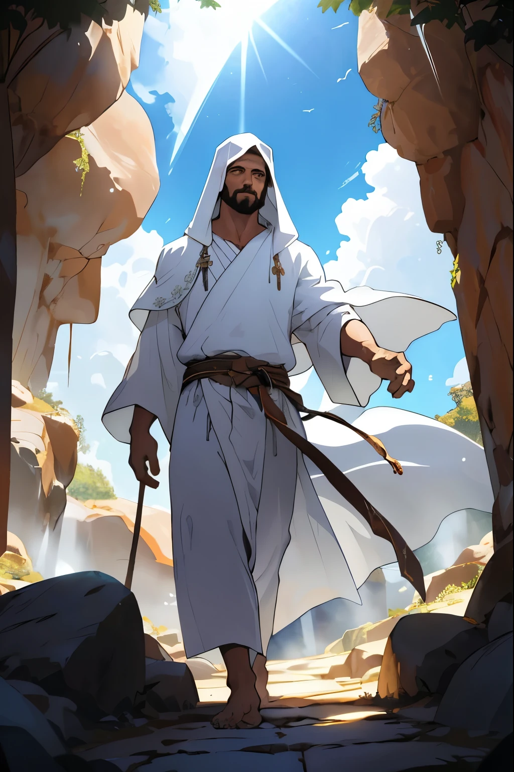 Desenhe Jesus Cristo, saindo de caverna com uma pedra a frente, no seu rosto uma luz radiante. He is dressed in a shining white robe, your hands are.com.furos no meia de cada feito por pregos. Sunny lighting of clouds and blue sky,sol ilumina a cena