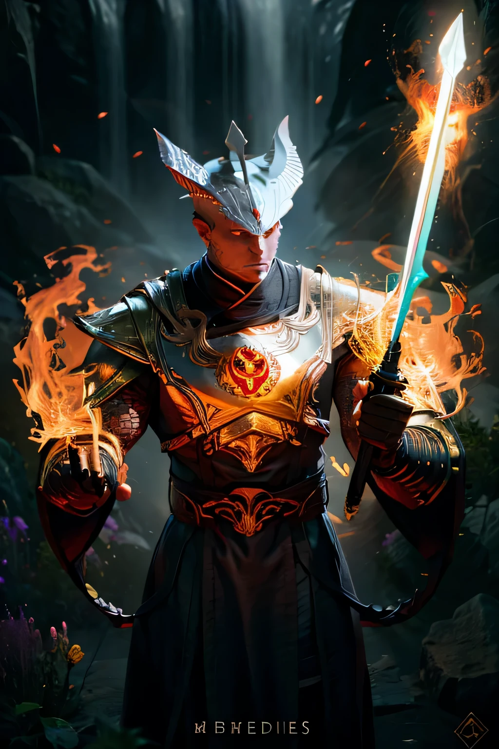 Bunny ears, muscular swordsman, armor, dragon,  flaming sword
