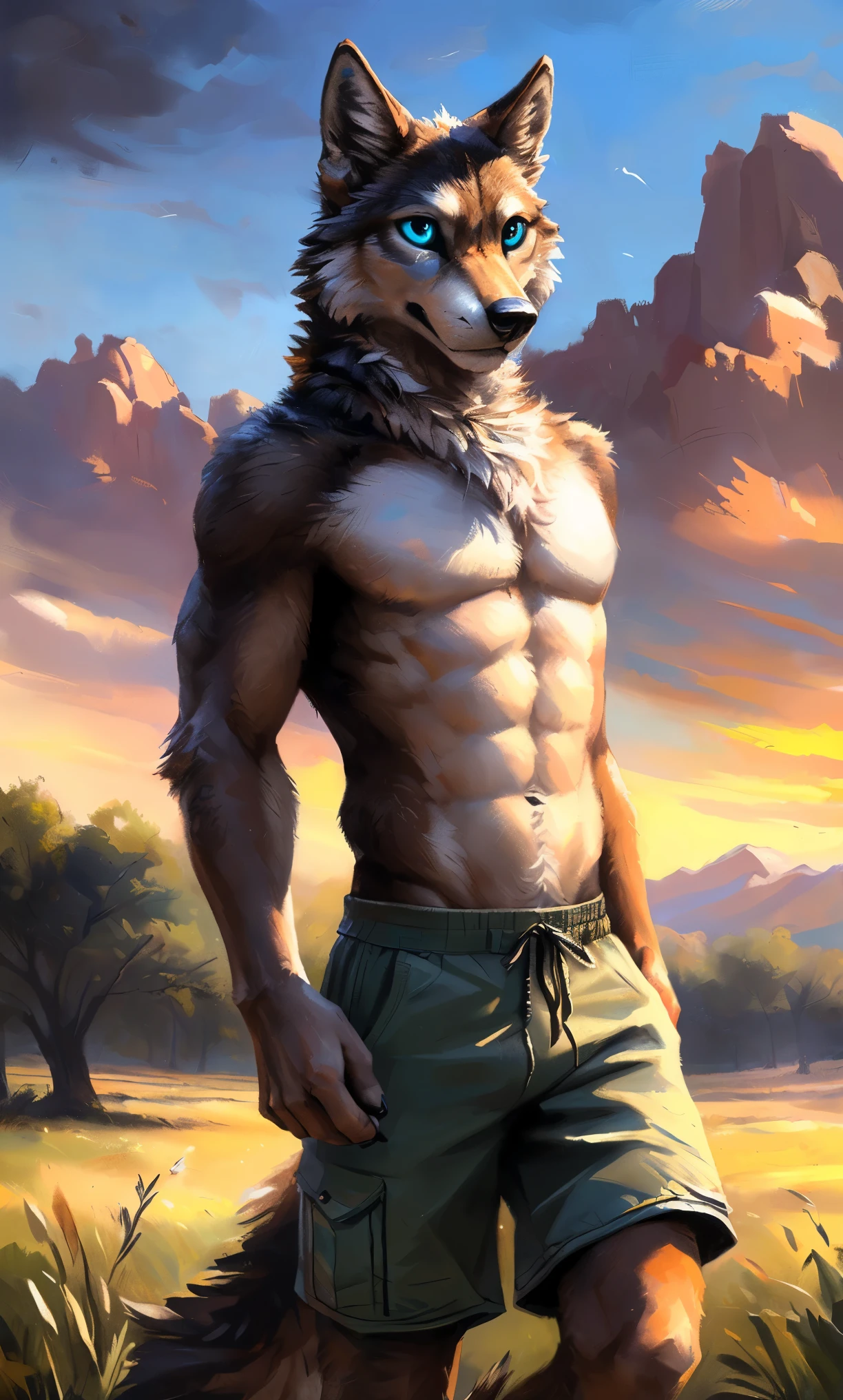 ((Solo)), male people, anthro wolf, (Multi-colored fur, White-brown:1.3，White tail pointed), (Height 2.1m,Tail length 1.2m), ((Wolf face, Big eyes, White eyelids, Blue pupil, Slim:1.2) (Tough, Calm expression:1.2)), Abs, Slim, pinging)), (Correct anatomy), (Work shorts:1.1), The upper body  naked, (detailed outfits),A long big tail，Feet，(Realistic fur, Detailed fur texture, labeled:1.3)), (Natural lighting), Photorealistic, Hyperrealistic, ultradetailed, by Kenket，Field，erect through，Running on