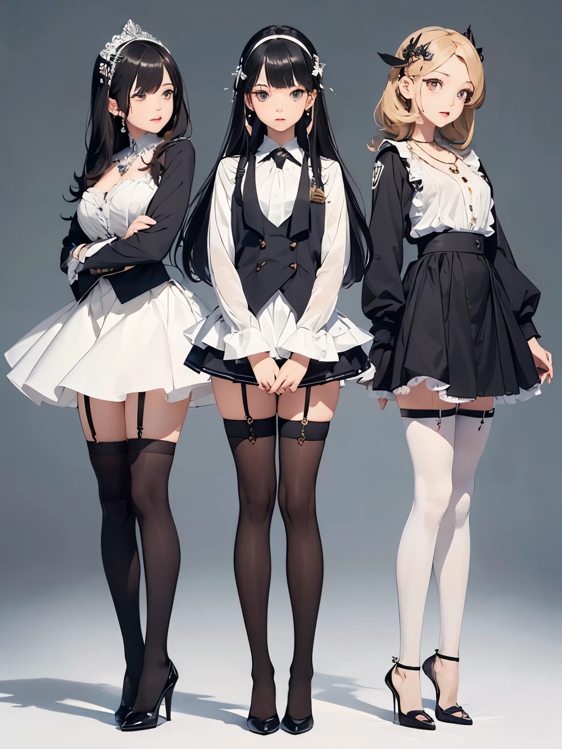 ((Biologically correct number of limbs))、(( Full body photo including face))、4K、((standing position))、masterpiece、((focus on the face))、((Symmetrical facial features))、Eyes with detailed description、Beautiful woman、outstanding style、beautiful arms、beautiful legs、beautiful hands、(small ass、thin thighs)、Detailed depiction of faces、small earrings、necklace、(Ruffled uniforms、skirt、high heels、stockings)、sideways glance、hair ornaments、