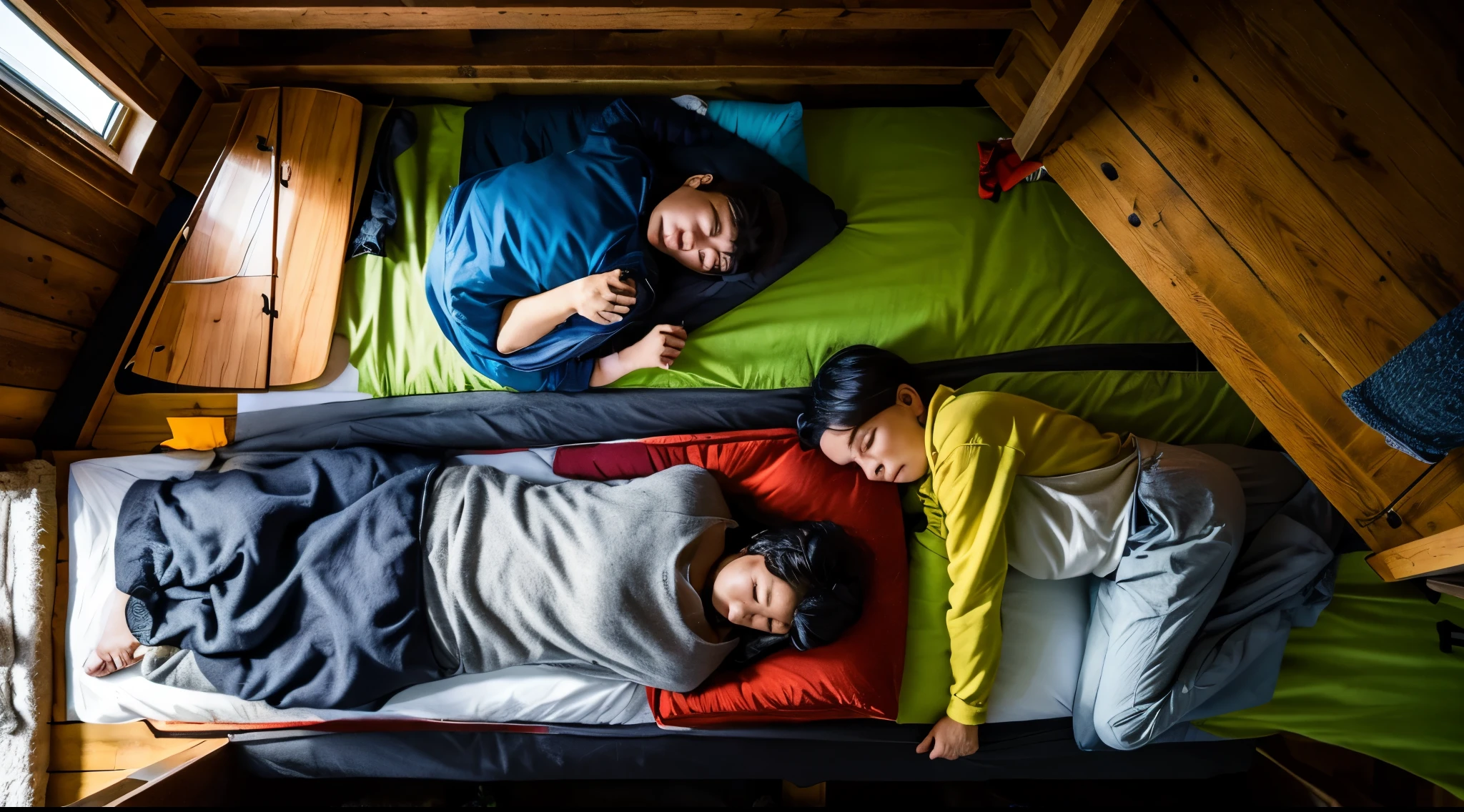 A shot taken from directly above of three people sleeping in a mountain hut.
