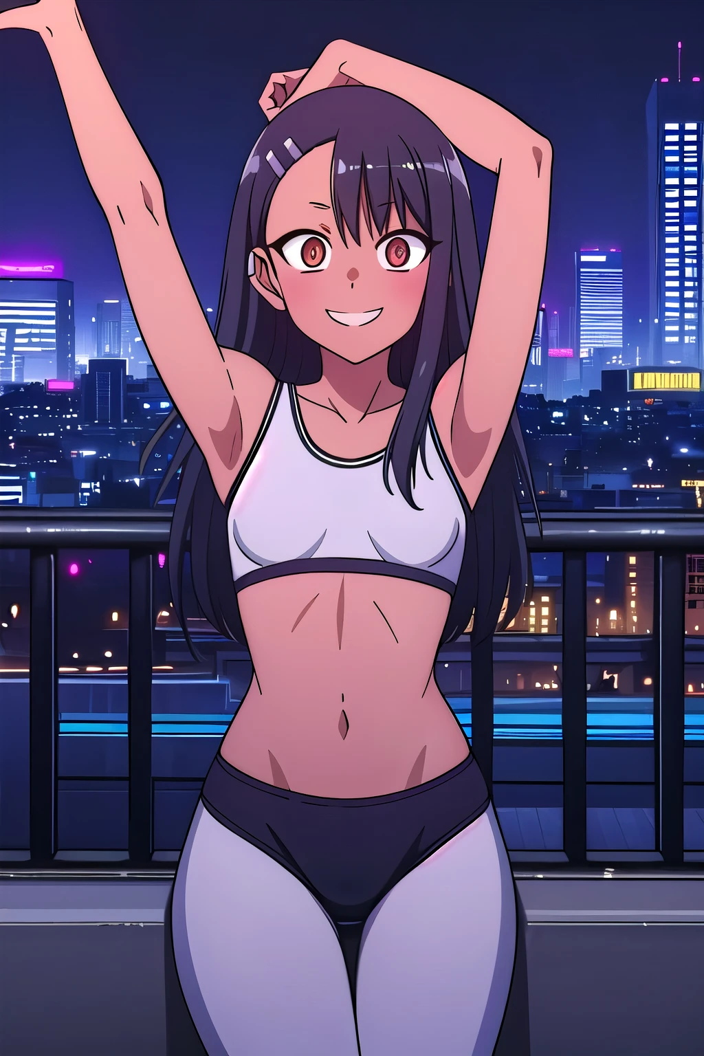 1girl, solo,sitting, cyberpunk cityscape,night city \(city\), stealth in the city,small breast, masterpiece, professional artwork, famous artwork, perfect face,perfect eyes,nagatoro hayase, hair ornament, brown eyes,(glowing eyes:1.1), hairclip,dark skin, black hair,, cowboy shot, black hair, beautiful face, evil smile, evil eyes, ((perfect female body, narrow waist)), background city,yoga pants,cowboy shot