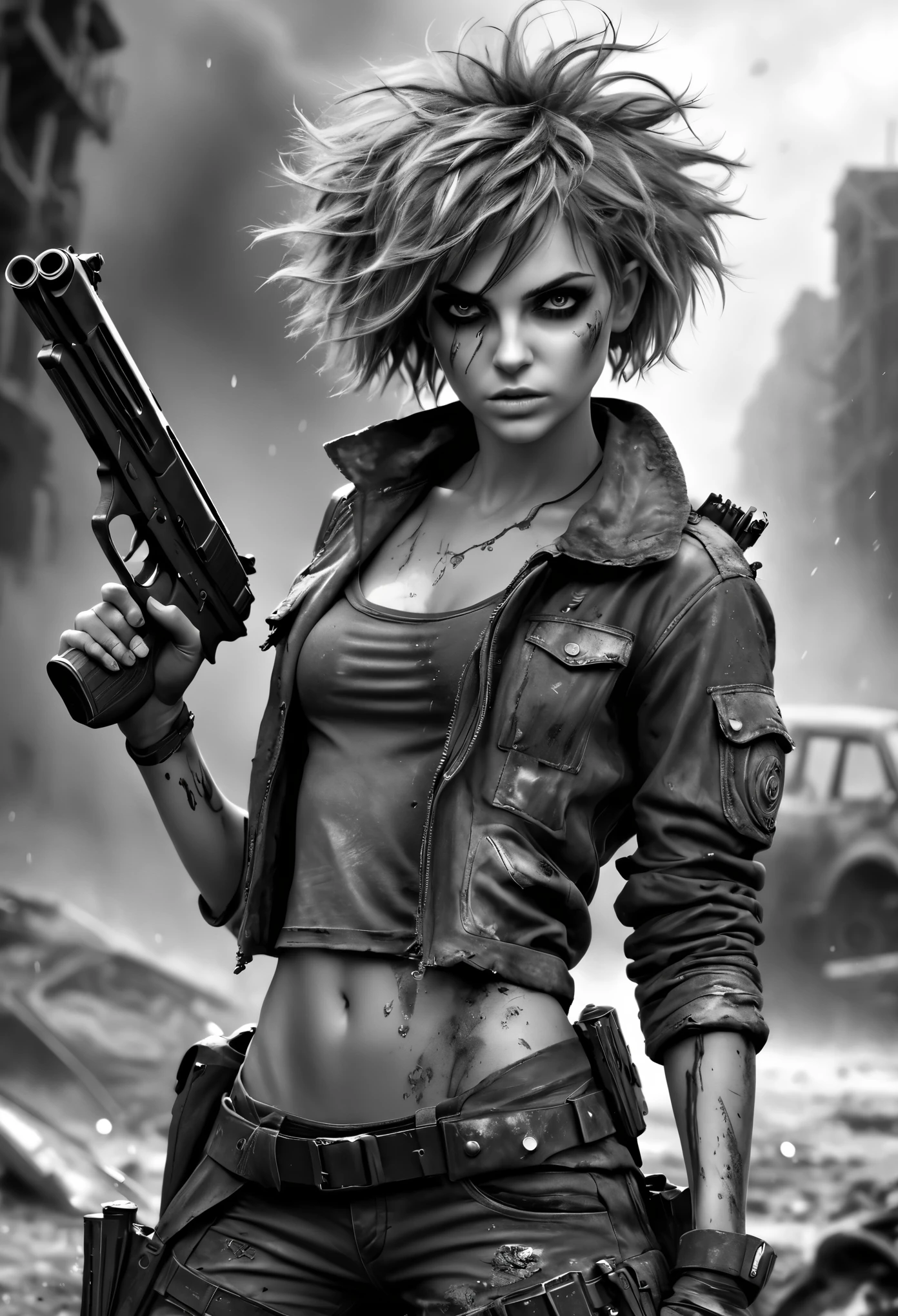 photorealistic, (Masterpiece photo in shades of gray, woman with disheveled hair and tiny post-apocalyptic clothes), cute sexy, holding a gun, in dinamic, splash and explosive, ultra sharp focus, Detailed face, short hair, Beautiful eyes, whole body, high quality black and white image