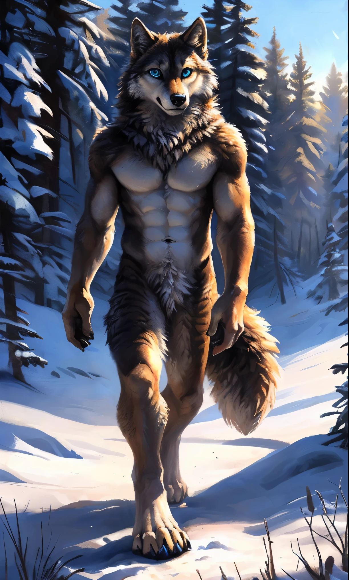 ((Solo)), male people, anthro wolf, (Multi-colored fur, White-brown:1.3,White tail pointed), (Height 2.1m,Tail length 1.5m), ((Wolf face, Big eyes, White eyelids, Blue pupil, Slim:1.2) (Tough, Calm expression:1.2)), Abs, Slim, pinging)), (Correct anatomy), Naked all over the body,A long big tail,Feet,(Realistic fur, Detailed fur texture, labeled:1.3)), (Natural lighting), Photorealistic, Hyperrealistic, ultradetailed, by Kenket,Snowfield,No artifacts, Walking