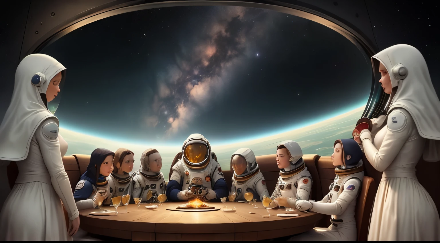 Recreate Leonardo da Vinci&#39;s Last Supper in a futuristic space station setting.. Replace biblical characters with diverse members of the colony., dressed in clothes, appropriate for that era, tailored for the space society. Make sure, that the stage is lit softly, ethereal lighting, simulating the subtle glow of artificial lighting on a space station.

Arrange the colony members around a long, elegant table, reminiscent of the original composition. Add intricate details to your dishes., inclusion of futuristic elements, organically combined with the historical context. Decorate your space station walls with subtle space-themed artwork and cutting-edge technology interfaces., Improved sci-fi atmosphere.

Create a composition like this, so that through a large panorama a breathtaking view of outer space opens., round window or porthole in the background. Capture the vastness of space, with distant stars, planets, and nebulae visible through glass, evoking a sense of awe and wonder.

Pay close attention to facial expressions and body language., Ensuring that, so that members of the colony express a spirit of camaraderie, curiosity, and respect. Balance the classic Last Supper composition with futuristic elements., combination of historical excellence with limitless possibilities of space exploration.

general, create a memorable and harmonious scene, which organically combines historical craftsmanship, Futuristic aesthetics, and the bewitching charm of space, capture the essence of a unique and impressive moment in a journey through the colony.