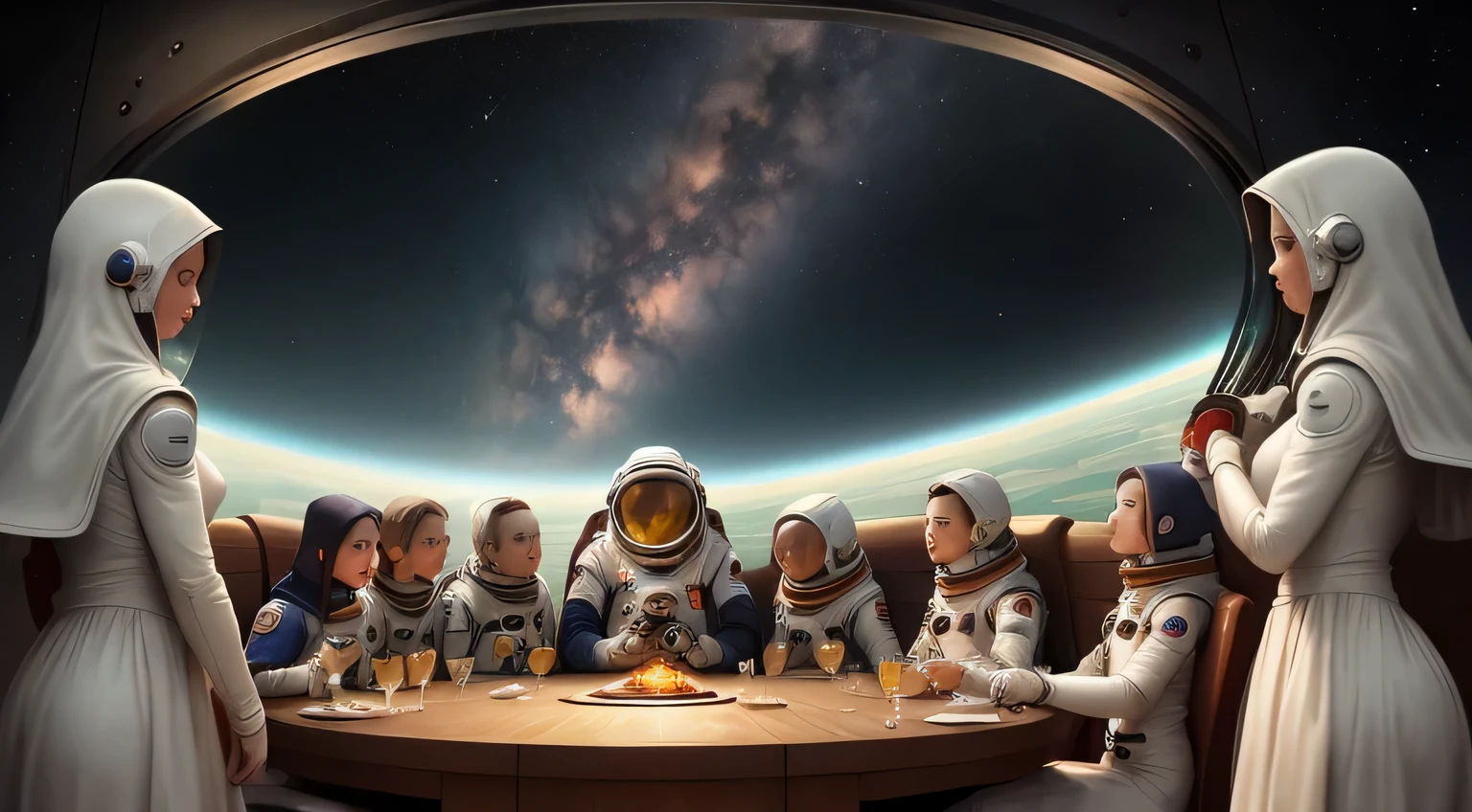 Recreate Leonardo da Vinci's Last Supper in a futuristic space station setting.. Replace biblical characters with diverse members of the colony., dressed in clothes, appropriate for that era, tailored for the space society. Make sure, that the stage is lit softly, ethereal lighting, simulating the subtle glow of artificial lighting on a space station.
Arrange the colony members around a long, elegant table, reminiscent of the original composition. Add intricate details to your dishes., inclusion of futuristic elements, organically combined with the historical context. Decorate your space station walls with subtle space-themed artwork and cutting-edge technology interfaces., Improved sci-fi atmosphere.
Create a composition like this, so that through a large panorama a breathtaking view of outer space opens., round window or porthole in the background. Capture the vastness of space, with distant stars, planets, and nebulae visible through glass, evoking a sense of awe and wonder.
Pay close attention to facial expressions and body language., Ensuring that, so that members of the colony express a spirit of camaraderie, curiosity, and respect. Balance the classic Last Supper composition with futuristic elements., combination of historical excellence with limitless possibilities of space exploration.
general, create a memorable and harmonious scene, which organically combines historical craftsmanship, Futuristic aesthetics, and the bewitching charm of space, capture the essence of a unique and impressive moment in a journey through the colony.