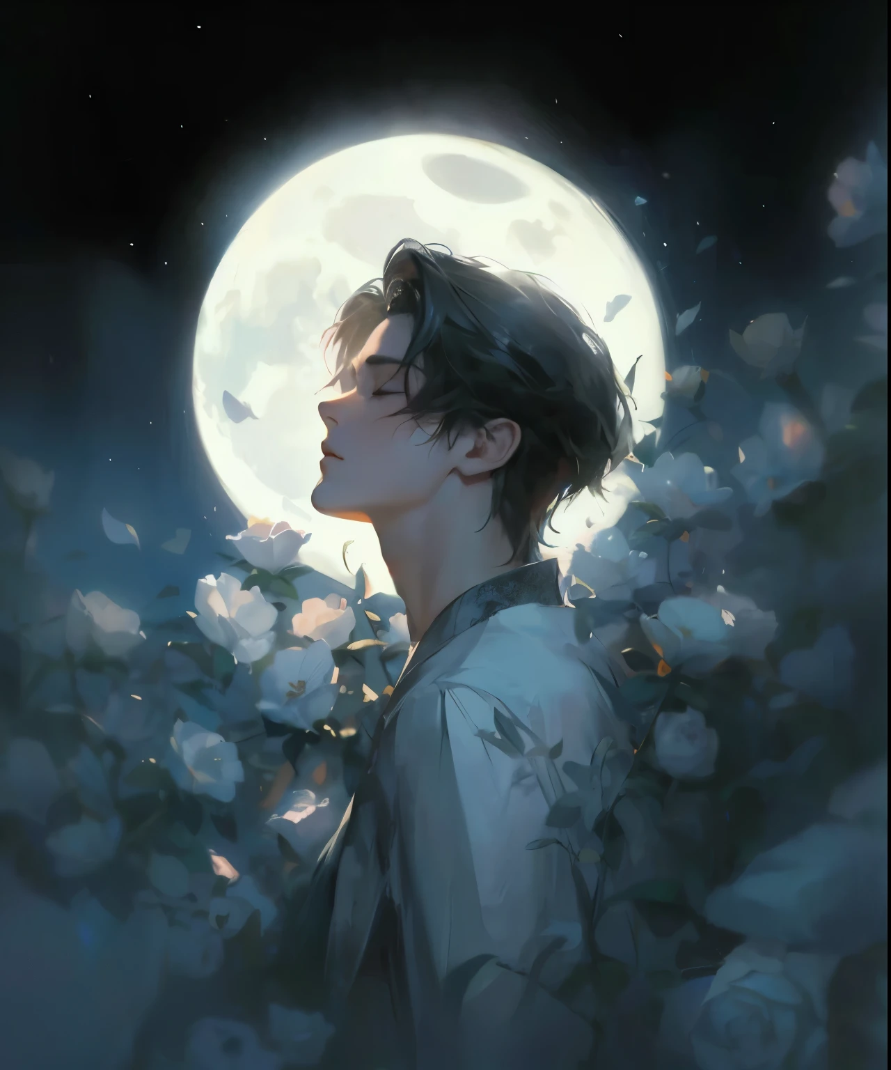 Anime boy holding flowers before full moon, guweiz style artwork, guweiz, inspired by Yanjun Cheng, Gurwitz Masterpiece, author:Yang Jie, The moon is behind him, rostlan style, by Yanjun Cheng, by Ye Xin, Handsome guy in the art of slaying demons, Inspired by Bian Shoumin, ross tran style