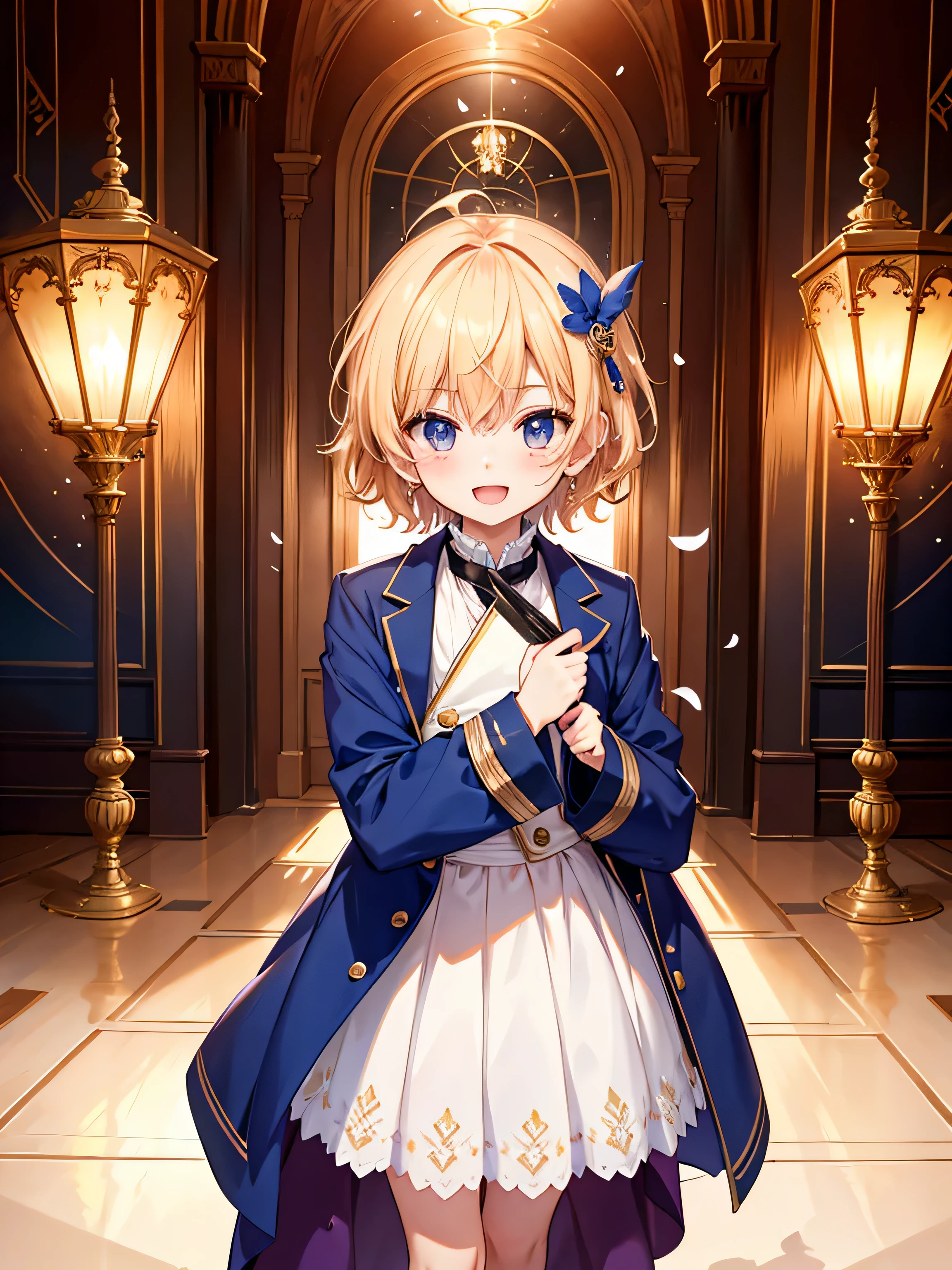{{{Composition that hides fingers}}},Hide your hands with your sleeves,I,{{{Agalactia}}},smile with open mouth,slender body,(table top),(wallpaper),short wolf hair,{{{{short ~ side tail hair}}}},(highest quality), detailed background,Overwhelming sense of dynamism,{{{{{full body esbian}}}}},(best lighting, best shadow), (best illustrations), dynamic angle,(+++boy+++) delicate and beautiful moon,walk in front of the sunset sky, hair accessory,super handsome,super handsome,solo,~ side,detailed face,boy's face,blonde,blue eyes,confetti,Shota,long sleeve,blue jacket,white skirt,{{{French towns and buildings}}},cheek,messy hair