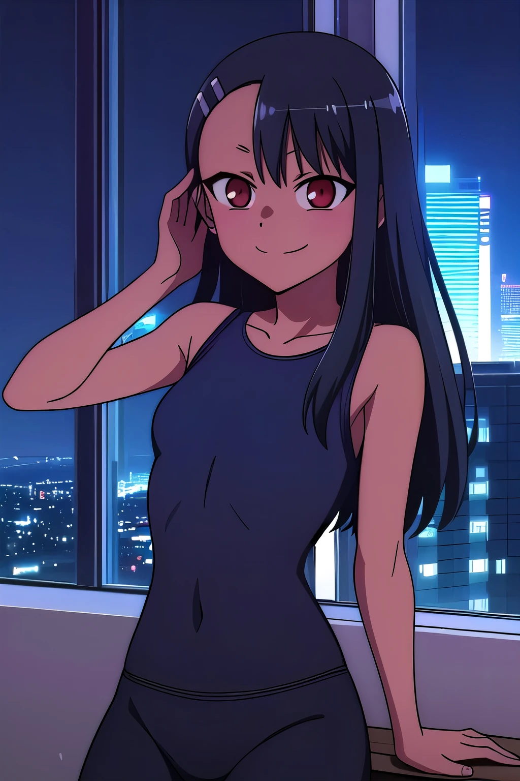 1girl, solo,sitting, cyberpunk cityscape,night city \(city\), stealth in the city,small breast, masterpiece, professional artwork, famous artwork, perfect face,perfect eyes,nagatoro hayase, hair ornament, brown eyes,(glowing eyes:1.1), hairclip,dark skin, black hair,, cowboy shot, black hair, beautiful face, evil smile, evil eyes, ((perfect female body, narrow waist)), background city,yoga pants,cowboy shot,make her have some sexy pose