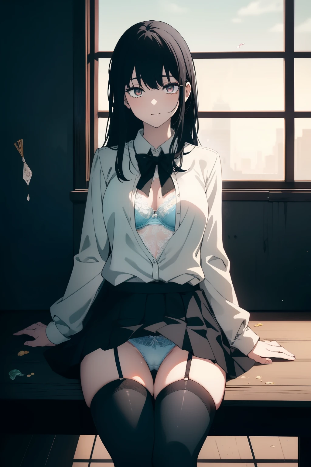 (masterpiece, best quality, 超High resolution)（highest quality），8K，advanced details、she confessed, it has at least, lift up the skirt、show underwear、angle from below、(medium breasts:1.2),break skirt, Thighhighs, bow, red bow, , Jacket, pleated skirt, black Thighhighs, zettai ryouiki, plaid, plaid skirt, blazer, break looking at viewer, break outside, break (masterpiece:1.2), highest quality, High resolution, unity 8K wallpaper, (shape:0.8), (緻密でbeautifuleye:1.6), highly detailed face, perfect lighting, Very detailed CG, (perfect hands, perfect anatomy), 2 girls, duo, identical twins, clone shy、blush、Sweat、mouth mask、black mask、 looking at the viewer, abdomen, contrasting, cowboy shot, Ahegao, Ahegao,Light Blue Bra、light blue underwear、light blue pants、((Light blue lace panties))、sexy pose　Bewitching、黒のThighhighsックス、 panty shot、headからつま先まで全身、少し下からの構shape、light blue panties、((Light blue lace panties)),sexy pose,少し下からの構shape、lift up the skirt、show underwear、under the spotlight、delicate underwear、(((Show off your underwear)))、open your legs、backgroundに詳細なゴミの山、、dark room、Scatterでg of food waste、(used condom sand:1.4),absurd, High resolution, (anime style:1.1), ((table top)), ((highest quality)), (Super detailed), (beautiful), alone, beautiful face、(lift)、(信じられないほどdirty roomでゴミの上に座っている、Cute operating smartphone:1.4)、The room is full of garbage、Garbage with rolled tissue、There are also cockroaches、dirty room、love hotel、　1 girl, Are standing, , white office shirt, 黒のpleated skirt, (((black hair, dark black hair))), cut long hair, pale skin, ((brown eye)), shine_eye, neon eye, (ultra detailed eye:0.7, Beautiful and dense face, detailed eye:0.9), ((in the center)), smile, ((wide shot)), Face-to-face audience, eyeの高さ, ((vibrant background, snowy landscape, cityscape, snowing, snow, Rough:1)), flat chest, looking at the viewer, ((half closed eye)), ((perfect hands)), (((head:0.7, arm, hip, elbow, in view))), ((put your hands behind your back)), empty eye, beautiful照明, outside, 屋outside, background, defined subject, 25 years old, (head tilt)