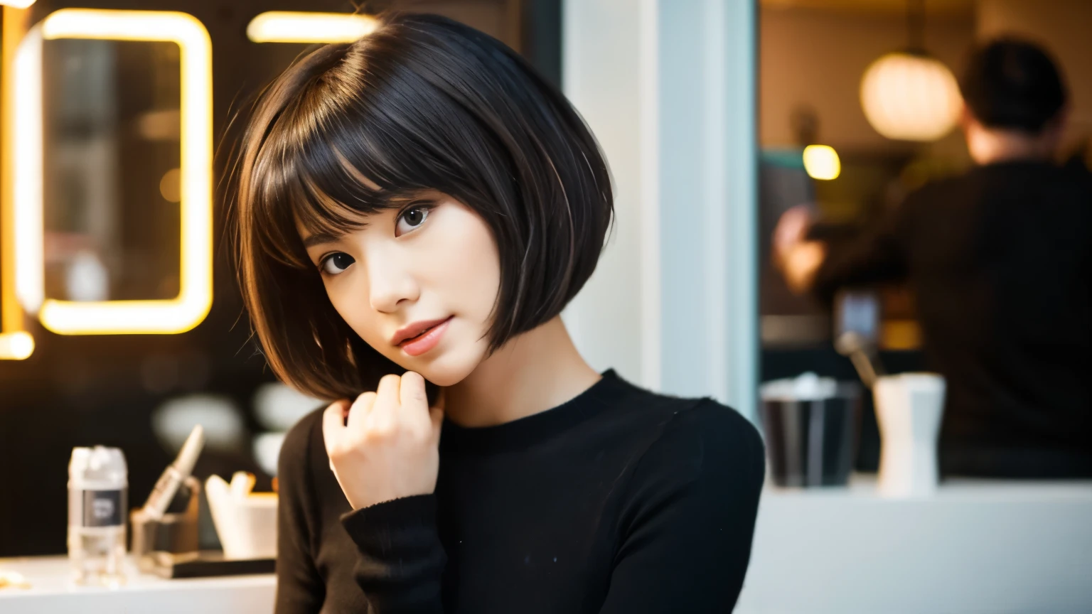 ,beauty salon model,haircut model woman，Photographed inside the cafe,Stylish cafe in New York